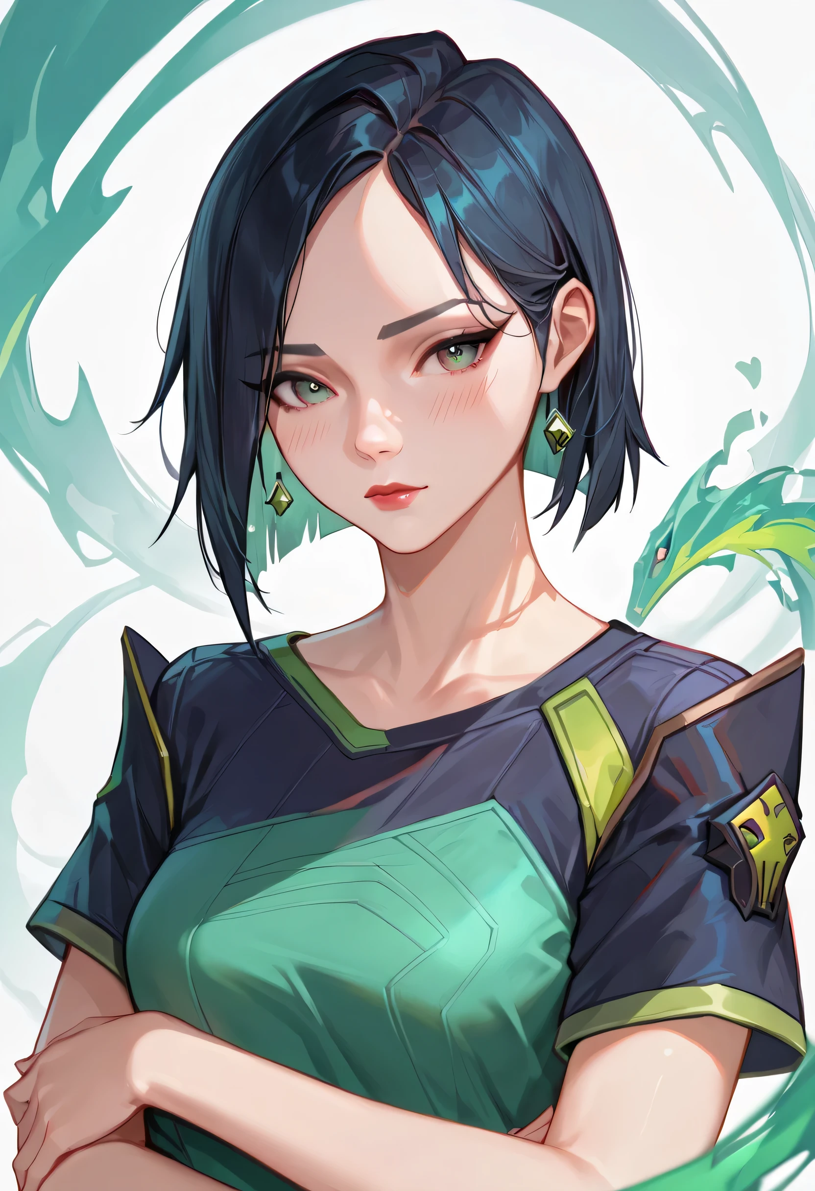 score_9, score_8_up, score_7_up,source_anime, high res image,masterpiece,best quality,girl,cute face,clear skin,viper_valorant,t-shirt,blushes,