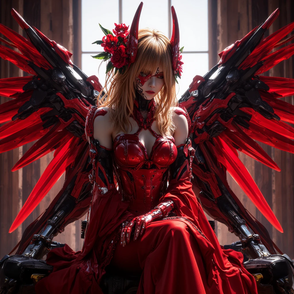 (portrait),(1evil seraph girl and huge ominous demon:1.5, blonde hair,smile,royal white dress,blood on clothes,bloodred jewels and ornaments,red evil eyes,red bloody halo,large beautiful feathered wing,blood on wings:1.5,red evil eyes on wing:1.5 ), (blood on hands:2.0), (bloody heaven,dark theme:1.2),(a lot of creepy demons following her:1.5), ((masterpiece)), ((best quality)), (ultra-detailed), ((beautiful detailed face)), 