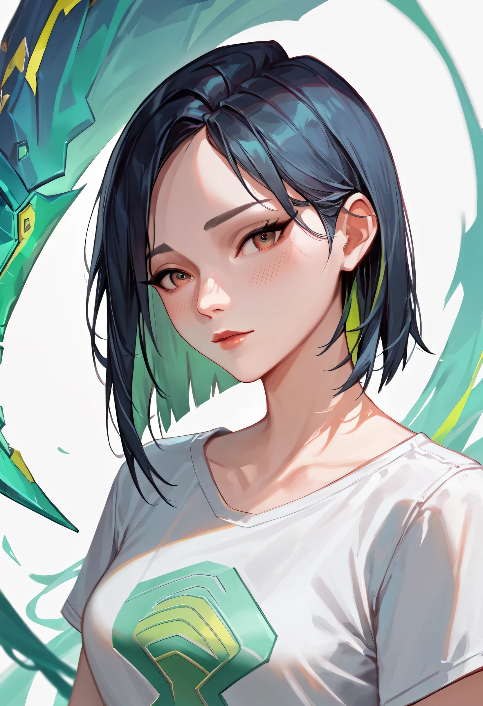 score_9, score_8_up, score_7_up,source_anime, high res image,masterpiece,best quality,girl,cute face,clear skin,viper_valorant,white t-shirt,blushes,