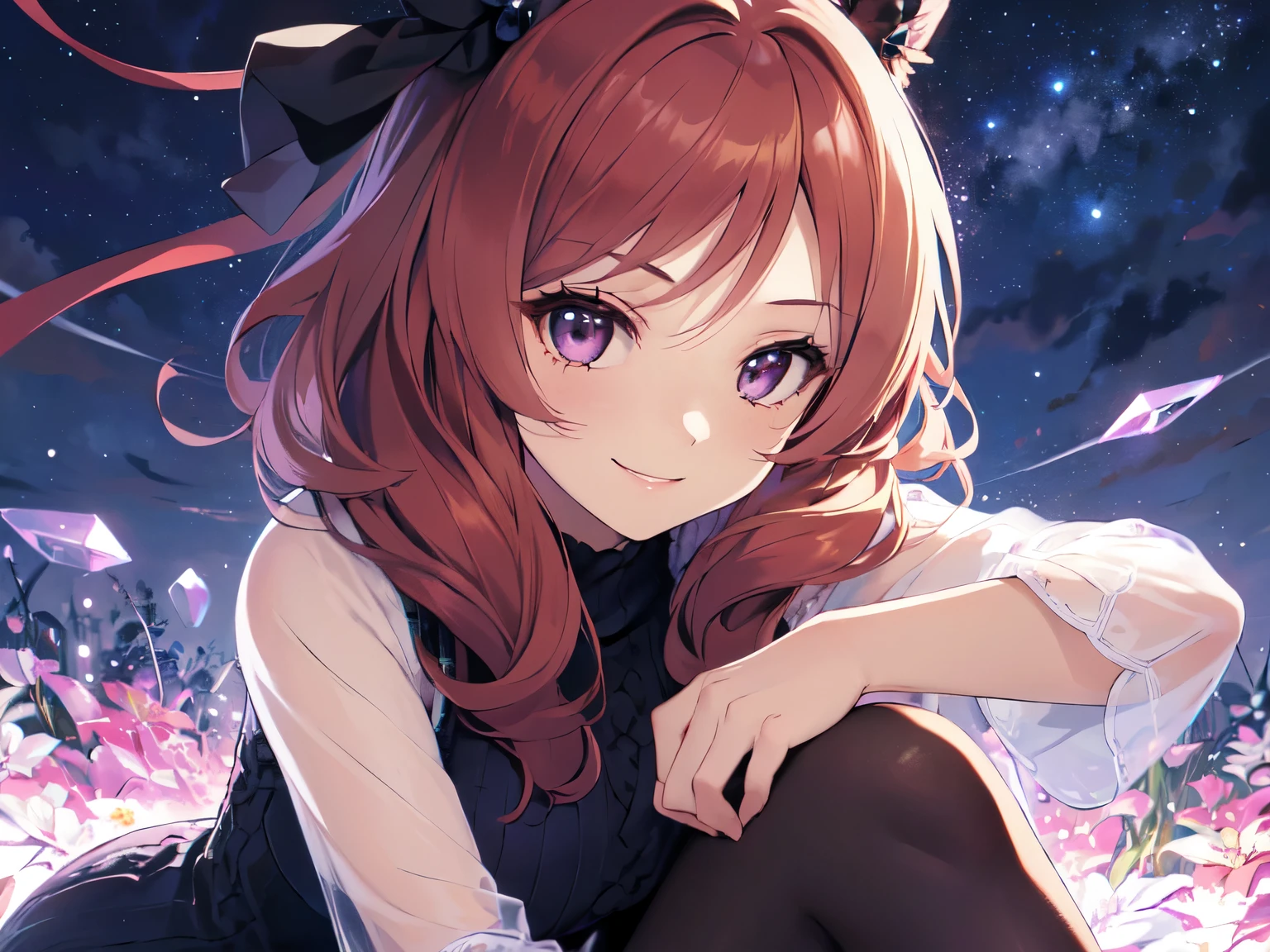 (Solo),(Girl with Horse Ears),(, Height 150cm, Bust D Cup),(Smiling, Looking at Camera, Navy Blue Cable Knit Dress, Black See-Through Neckline, Pantyhose: 1.5),(Hands on Knees: 1.5),(Long Hair, Curly Hair, Bright Red Hair, Purple Eyes),((Crystal Zone, Crystal Covered Ground, Crystal Forest, Starry Sky)),(Anime Paint, Anime Skin),(((Free Angle, Upper Body Close-Up Including Head))),(UHD, Retina, Masterpiece, Accurate, Anatomically Correct, Ultra Detailed, High Detail, High Quality, Award Winning, Top Quality, High Resolution, 16k)