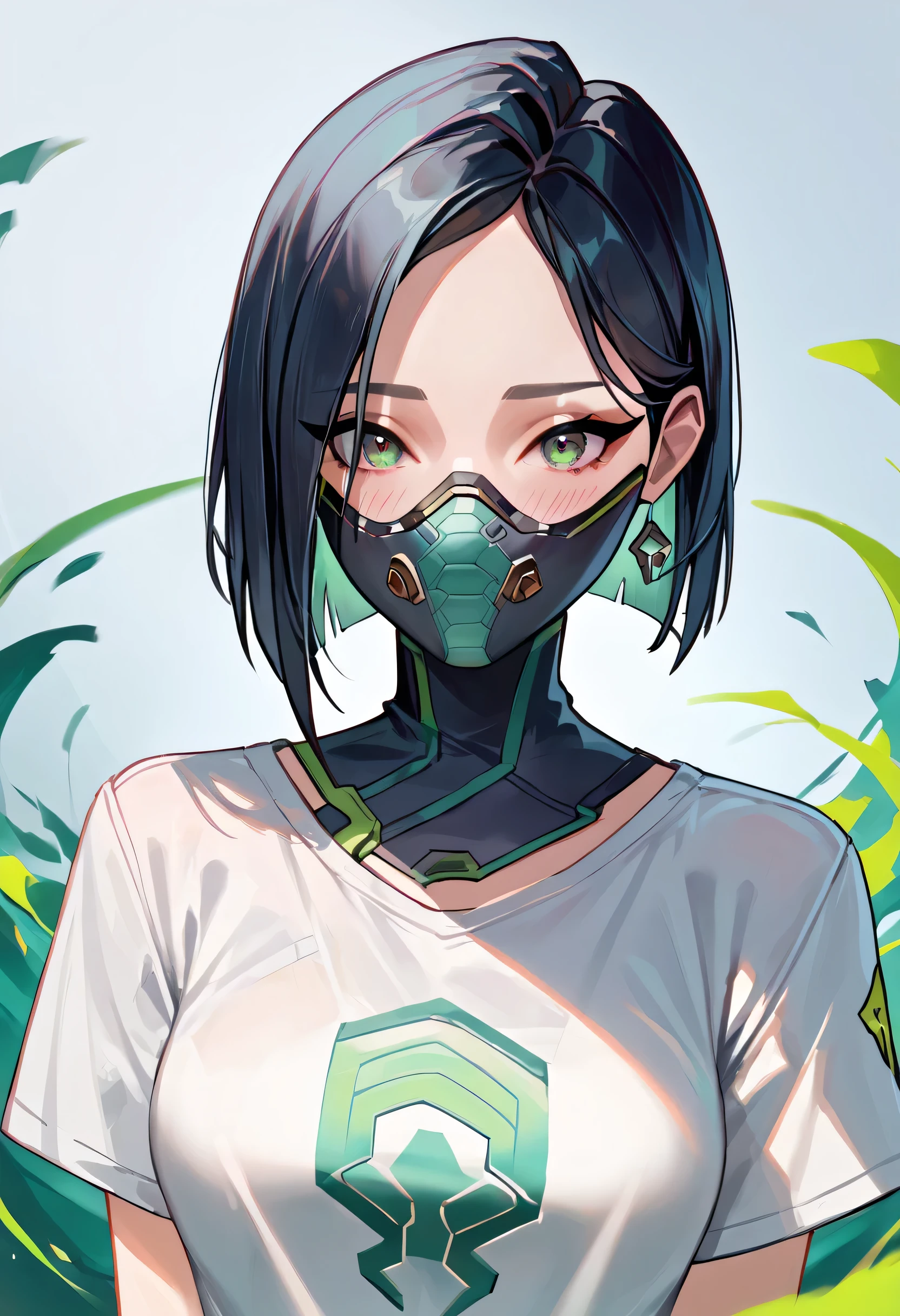 score_9, score_8_up, score_7_up,source_anime, high res image,masterpiece,best quality,girl,cute face,clear skin,viper_valorant,white t-shirt,blushes,