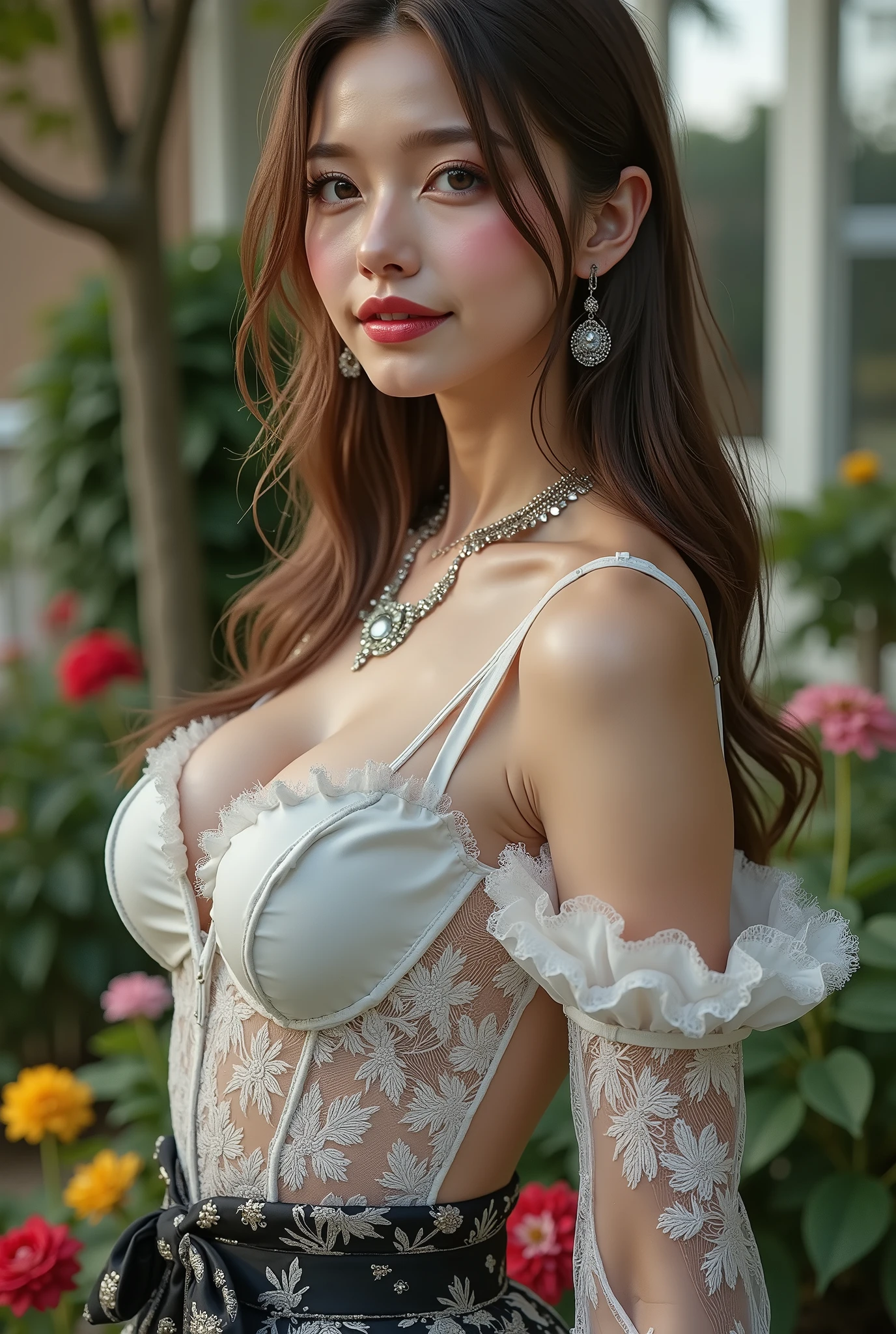 16k, masterpiece, realistic, ((Photorealistic realism)), Hyper high resolution, ((Hyper insanel quality, epice masterciece, intricately detailed digital art)), ((focus on extremely Realistic Proportion Body:1.3), "Portrait of a woman {wearing a Intricately detailed dress (a bold, feminine creation), standing in a garden}." side view, ((full body shot:1.25)), (ultra-realistic texture details: velvety skin, hair), ((sharp focus, no blurry eyes, Hyper absurd quality, Hyper details, Hyper realistic green_eyes:1.4)), ((extra narrow eyebrows)), (Carefully draw Long blue_mascara:1.23), (perfect round eyes), (finely detailed pupils, (extremely fine details pupils)), detailed lips:1.3, (apply glossy red_lipstick:1.3), (perfect proportions:1.2), ((firm and full breasts:1.35)), (White tight Dress made of lace fishnet), [(Dolce & Gabbana, Floral style:1.26), (elegant fashion, intricately detailed:1.28), floral couture, ((clothes made of silk and pink flower))], ((Wearing tight fitting dresses)), [Ruffled Black Gothic Punk Skirt ((Intricately decorated, multi-layered lace with the addition of black spiderweb:1.3))], ((white lace-up:1.3)), Ultra intricate detailed,((she is the embodiment of beauty and allure, Dressed in a breathtaking and sophisticated floral bodysuit, elegant and sophisticated fashion:1.2)). dslr, high quality split lighting, sharp focus captured by Fujifilm XT3, f 5.6,(perfect composition), ((look at the viewer)), HDR, UHD, studio lighting, physically-based rendering, vivid colors,