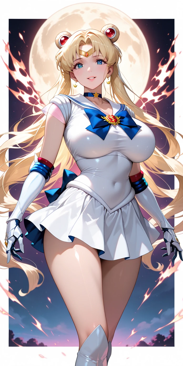 masterpiece、full:1.3、stand、8k、Highest quality、極めて詳細な CG Unity 8k の壁紙、From below、Intricate details、(1 female)、(Sailor Moon:1.6 Super Bishoujo Senshi Sailor Moon Mer1、Meishaon,Tierra、Sailor Moon:1.5,Eternal Sailor Moon)、(信じられないほど長くて明るいTwin tailsのブロンド:1.4、thin and very long straight twin tail blonde, Hair Bun、Red round hair ornaments in a hair bun)、((Long white latex gloves,Red gloves on elbows、Exposing the upper arm,A gorgeous golden tiara on her forehead、耳Nipple Ring,Luxury gold jewelry))、Clothes are torn,(Facial details:1.5、blue eyes、Beautifull expression、beautidfull eyes、Iris Contour, Eyes with highlights、thin唇:1.5、Thin, sharp, pale eyebrows,、Long eyelashes、Double eyelashes、thin, Lean and muscular,,,、Small Face、tall and big chested、Perfect Proportions、Big breasts and small waist、Sexy model posing、Dynamic pose,Visible pores、A seductive smile、Perfect hands:1.5、Octane Rendering、A very dramatic picture、(moonの神性,Space Background、moonの光、moon、Dynamic Background、Exquisite lighting and shadows、Dynamic Angle、Detailed Background),Strong natural light、sunlight、Digital SLR、Sharp focus: 1.0、Maximum clarity and sharpness、mecha musume,(Honestly, Double Bang, Twin tails, Parted bangs, Circlet, jewelry, Earrings, choker, Red Bow, White gloves, Elbow hand pockets,(Honestly, Double Bang, Twin tails, Parted bangs, hair ornaments, Circlet, jewelry, Earrings, choker, White gloves, Elbow hand pockets, Exposed breasts, tits, Swimsuit damaged,naked,Nipples))