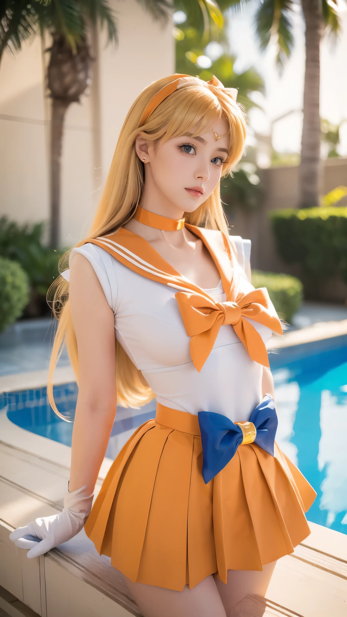 masterpiece, Highest quality, high resolution, (realistic), RAW photo, Octane rendering, Chubby face:1.1, sexy, Highest quality, Very detailed, Very accurate, Chubby face: 1.2, ((Wearing a Sailor Venus costume)), close-up of a girl in a sailor costume posing near a swimming pool, anime girl cosplay, anime cosplay, cosplay, cosplay photo, realistic cosplay, anime girl in real life, full-cosplay, Sailor Moon. beautiful, , light makeup, natural makeup, big breasts, tall and large body posture, thin lips, pink lips, pleated skirt, super short mini skirt, realistic anime photo, professional cosplay, sailor uniform, Sailor Moon style, ((orange skirt, orange sailor collar, orange choker, bow tie on the chest, blue tie)), blonde hair, long hair, ((Sailor Venus signature hair)), long gloves, ((white gloves)), blue eyes, tiara, crescent moon earrings, (((background by the poolside))), body drawn perfectly, perfect hands and feet, perfect finger details, Sailor Venus, Sailor Venus cosplay, realistic.