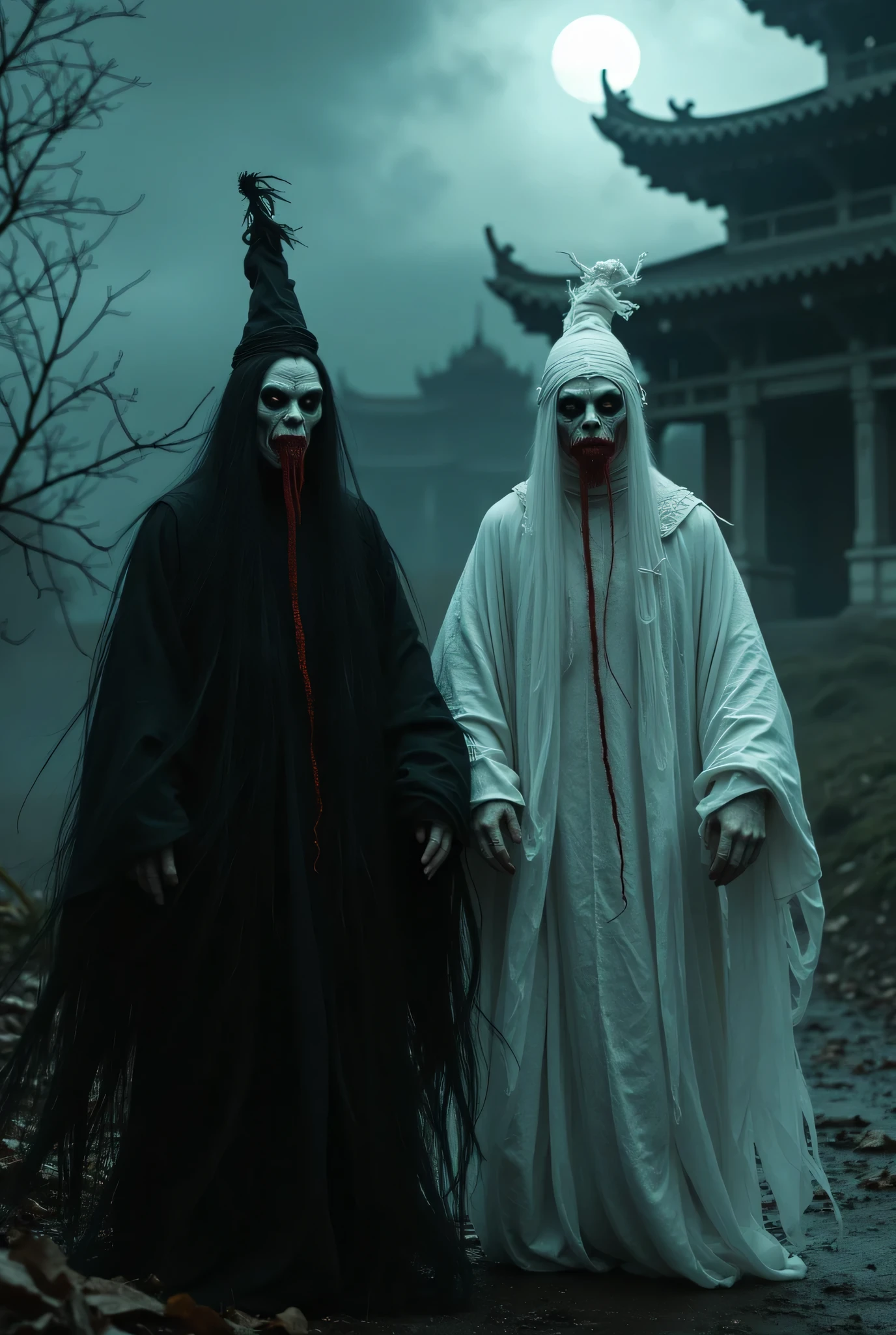 Two Chinese ghostly figures dressed in traditional robes stand in a dark, eerie background. The figure on the left wears a black robe and a tall pointed hat, their long black hair flowing in the wind. Their face is painted with terrifying makeup, lips coated in bright red, symbolizing blood or spirits, and a long red tongue extends from their mouth. The figure on the right wears a white robe and a similar tall pointed hat, with white hair and similar makeup, their lips also painted red, and a long red tongue extending from their mouth. The background features an old, dilapidated Chinese temple, with moonlight shining through the clouds, creating a chilling and ominous atmosphere.
This scene is full of strong horror and cultural symbolism, perfect for Halloween or similar themed events.