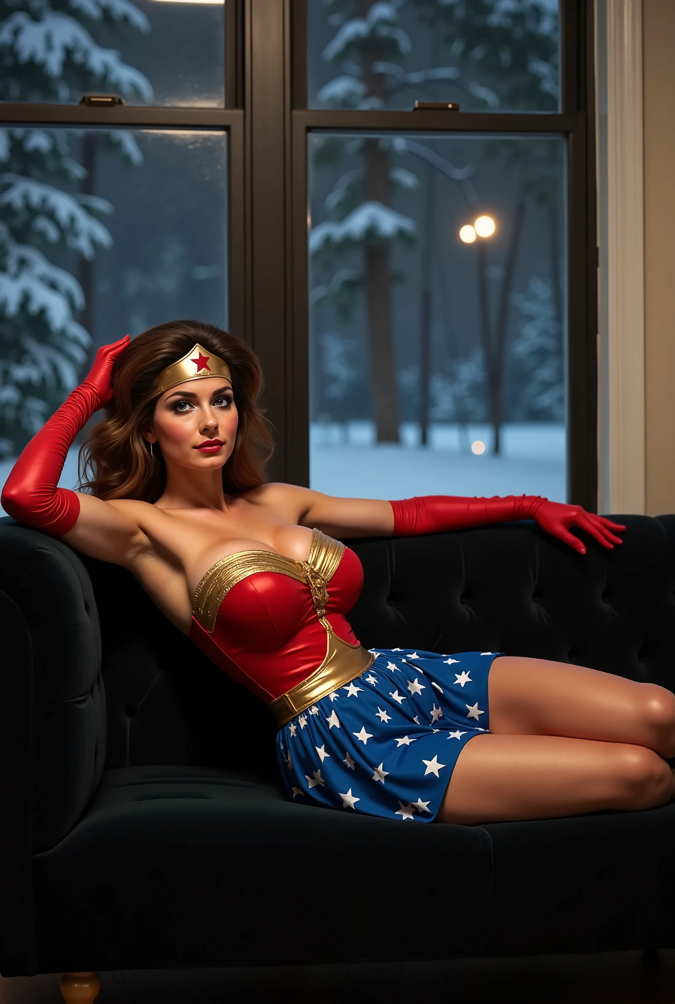 LINDA CARTER AS WONDER WOMAN AND PLEATED BLUE PATRIOTIC SKIRT. LONG RED ATLAS OPERATING OPERATING GLOVES. lying in a sexy pose on a black velvet couch, outside the window, night, winter, sexy pose