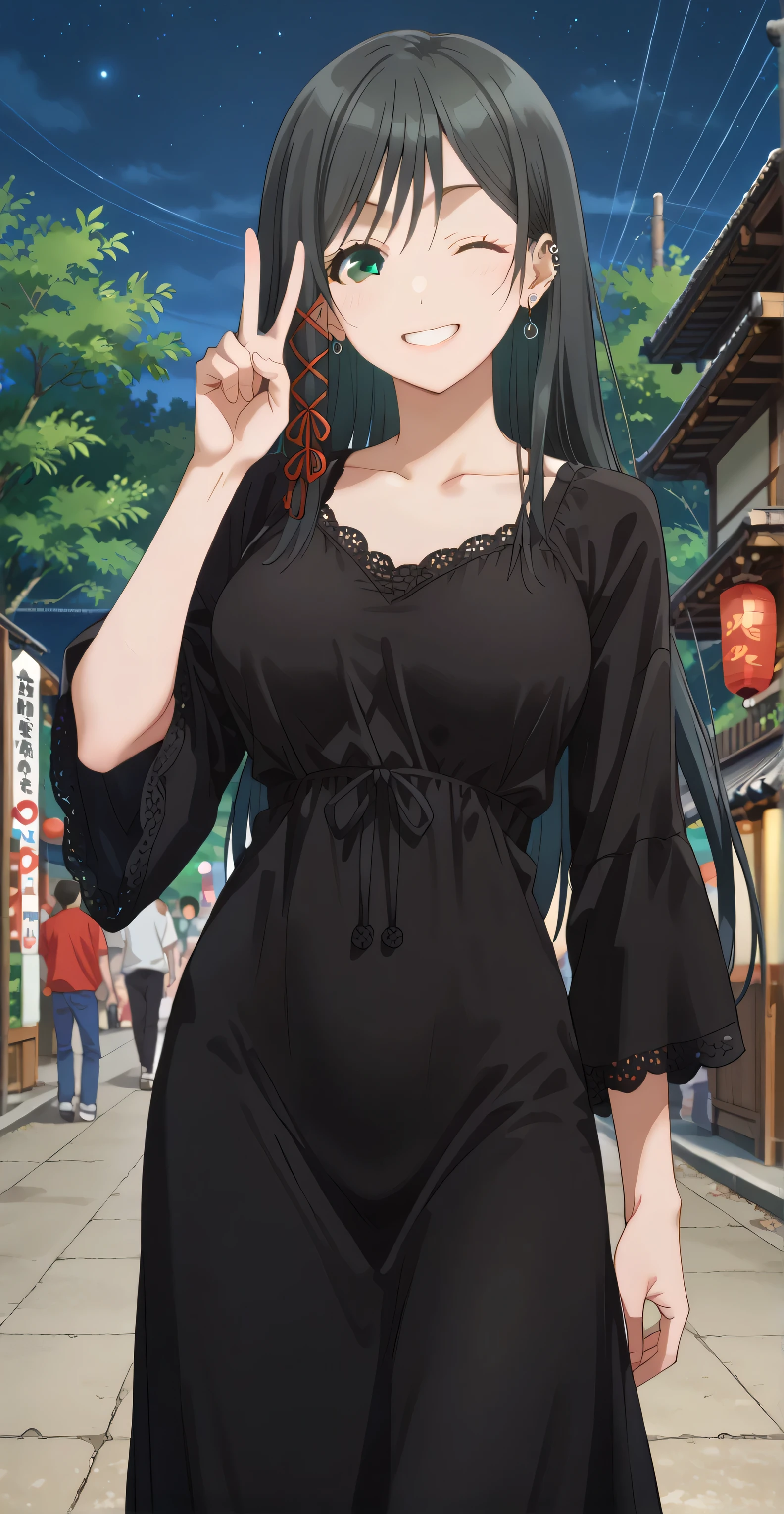 ((Random porn pose)), Yae amagami , Black hair, long hair,  green eyes, earrings, ear piercing, score_9, score_8_up, score_7_up, source_anime, masterpiece,best quality, big breasts, smile, wink, v ((Black nightdress)), (masterpiece best quality:1.2), looking at viewers, delicate illustration ultra-detailed,) BREAK, Japanese outdoors, night, many people, detailed background.