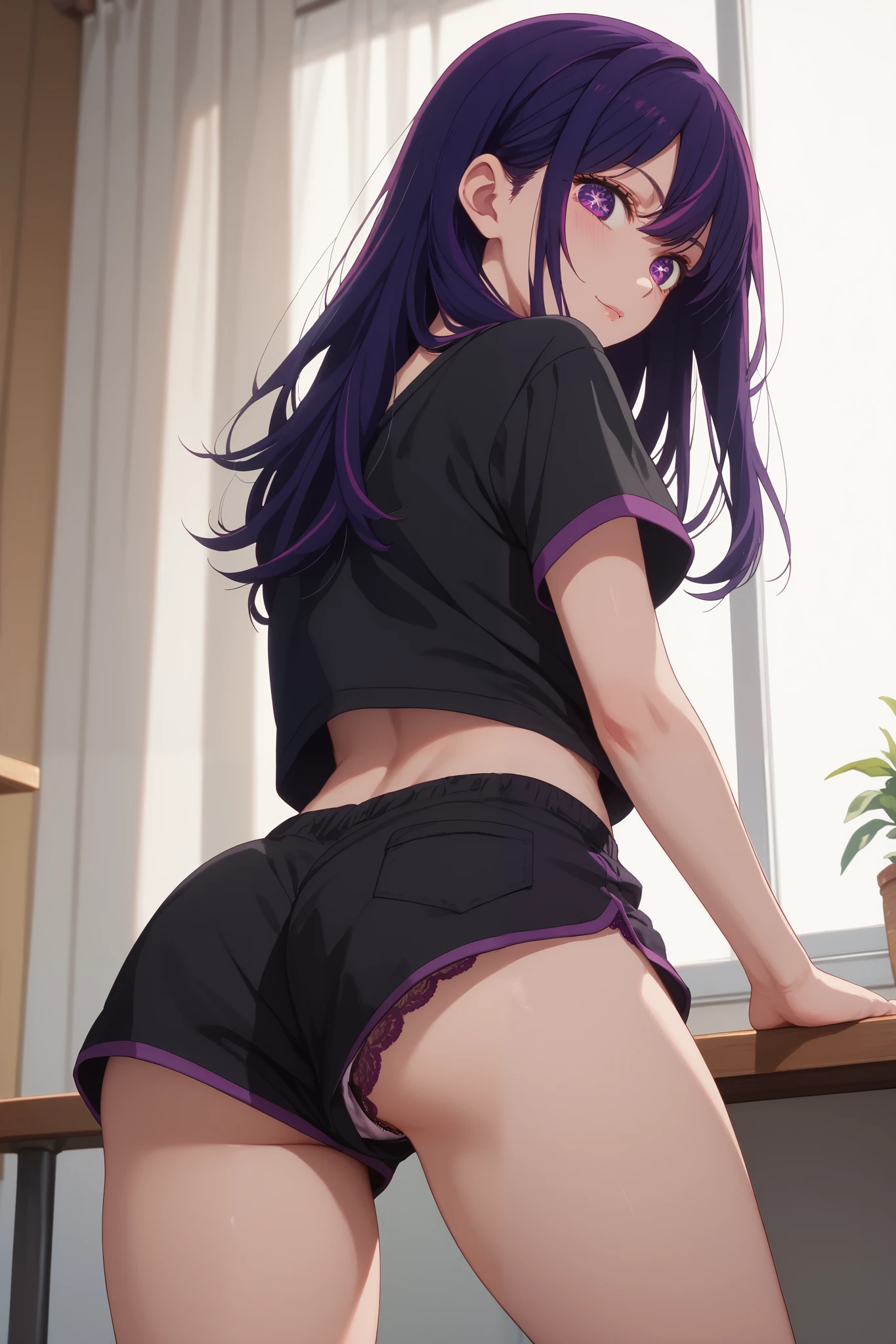 Masterpiece , best quality, 1,Ai Hoshino,upshorts, Look at the purple lace panties , With your back ,Very loose shorts showing some of the panties, black pajama shorts with frayed embroidery prints , looking at the viewer, purple hair, purple eyes
