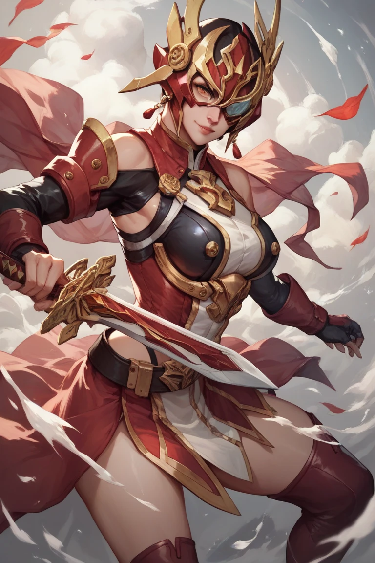 1girl, red hair, shoulder-length, detailed face, detailed eyes, detailed lips, japanese, cleavage, brown costume, samurai shoulder armor, ultra long fingernails, brown leggings, brown boots