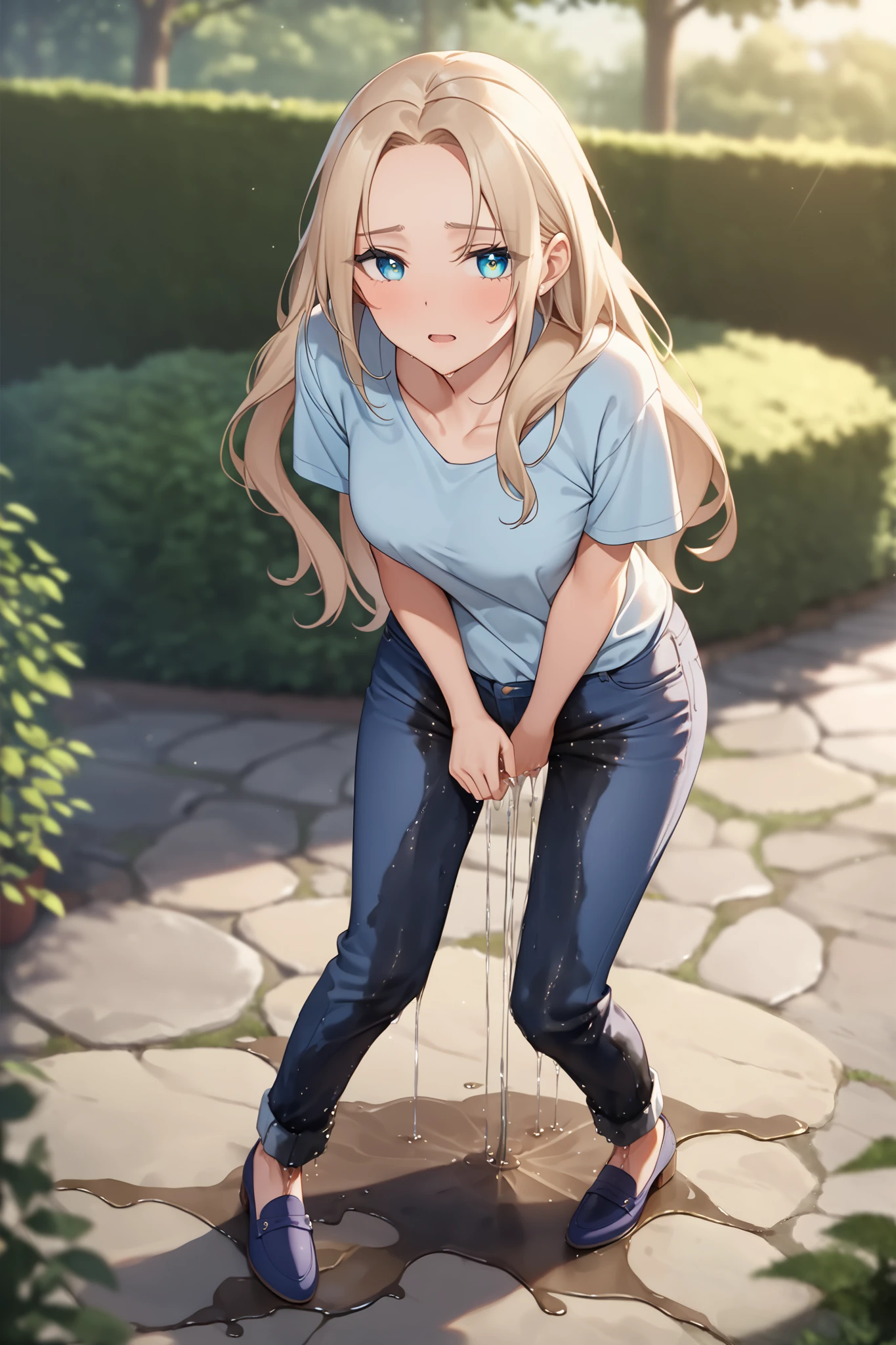 A youthful scandinavian female with dazzling eyes and lovely long hair and forehead with perfect body:1.1 and medium breast is standing and (wetting herself:1.5) in desperation. (Large pee stain:1.0). She is wearing blue denim pants with casual outfit and footwear. Looking at viewer. :O. Outdoor setting. (Best quality. Masterpiece:1.3. 16K. Detailed. Ultra high resolution). Fashion photography. Full body picture. Highly detailed face and skin texture. Detailed eyes. (Deep focus). Soft natural lighting.