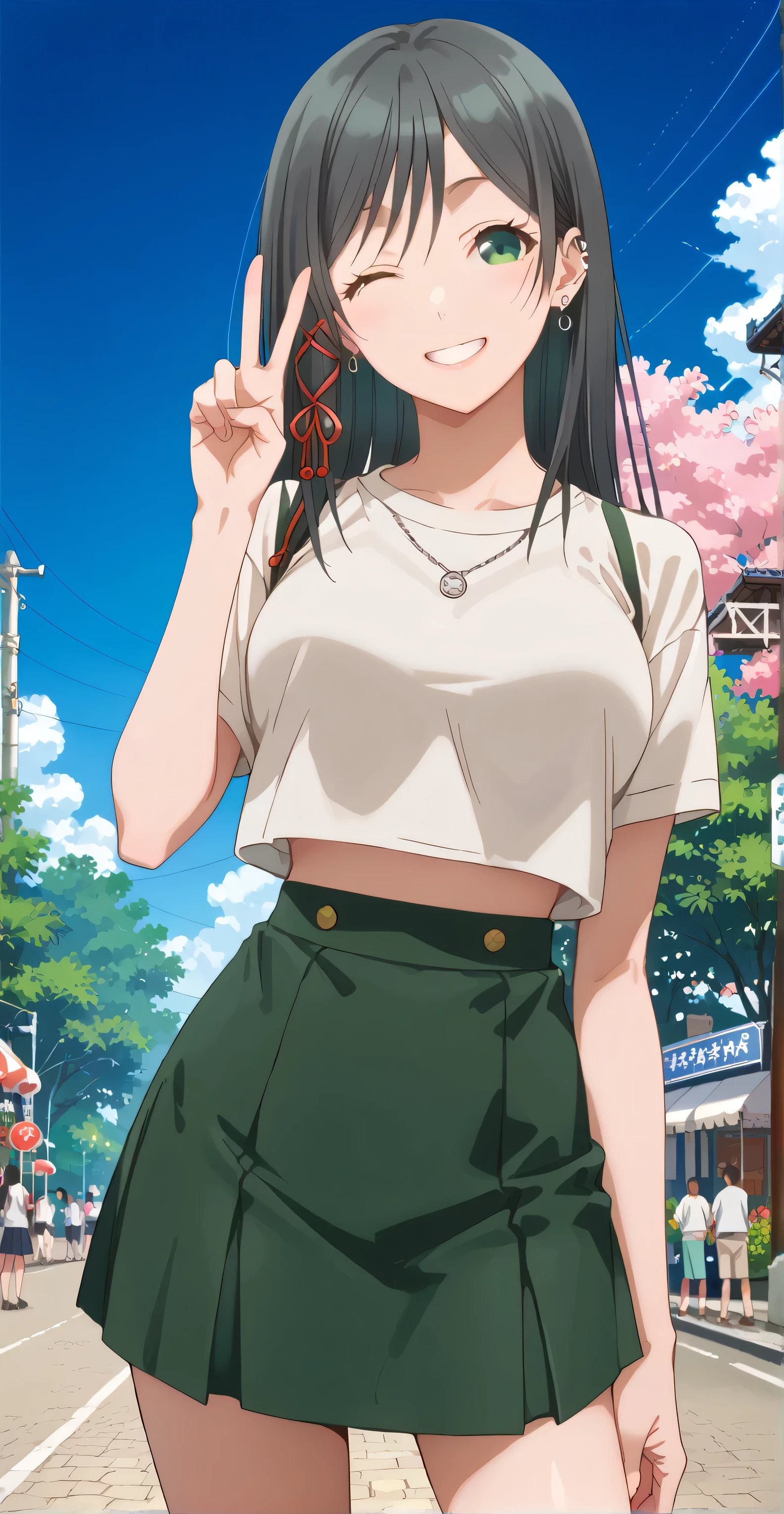 ((Random porn pose)), Yae amagami , Black hair, long hair,  green eyes, earrings, ear piercing, score_9, score_8_up, score_7_up, source_anime, masterpiece,best quality, big breasts, smile, wink, v ((Black Camosile, crop top overhang, short skirt)), (masterpiece best quality:1.2), looking at viewers, delicate illustration ultra-detailed,) BREAK, Japanese outdoors, night, many people, detailed background.