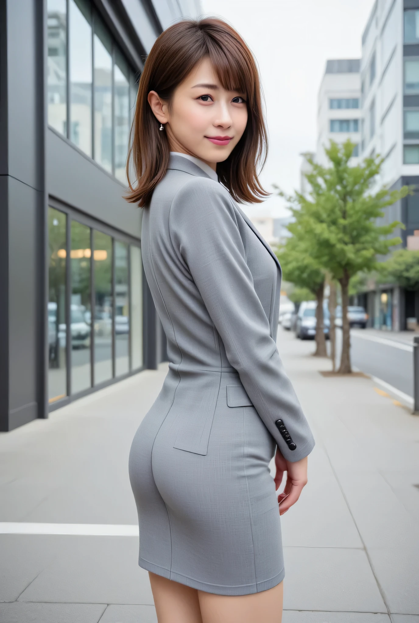 Highest quality, masterpiece, Ultra-high resolution, (Realistic:1.4), RAW Photos, Very detailed, Perfect Anatomy, The most beautiful Japanese female office worker in the world、Back view、（（Emphasize your butt、Depict the whole body：1.4））,（（smile、Looking back at the camera：1.4））,Glamorous Body、Perfect proportions,（（（Her beautiful, big, forward leaning postureで、Perfect big ass sticking out for the camera：1.4）））,Very close to the butt、Drawing from the knees up、forward leaning posture、（（shoulder hair、Straight Hair：1.4））, 1 girl, Age 25, Most popular Japanese idols, ((Wearing a light grey business suit and a tight pencil mini skirt、Point your butt up):1.2), (He is wearing a light gray business suit over a white dress shirt.、Wearing beige pantyhose、Transmitted pantyhose、Wearing black high heels), smile, Very cute face like the most famous Japanese idol, very beautiful big black round eyes, ((Very beautiful semi-brown hair)), Very beautiful slender body, (Very beautiful exposed breasts) , Very beautiful ass in a light gray business miniskirt, Plump thighs、 Depict the whole body、very beautiful Realistic skin,　Pay attention to the butt、Turn around and look at the camera、 A business suit with attention to detail, A good quality white dress shirt、The background is a business district、Outdoorerotic photo,
,BREAK ,(pubic hair:1.4),(pussy/vagina),(rating_explicit),detailed skin,(perfect_pussy),(perfect_hands),nsfw,erotic,adult content,sensual,nude,naked,nothingtowear,pron,kissing,ayako,VNS_Add more details,(naked:1.4),(erotic photo:1.4),(show nipples:1.4)