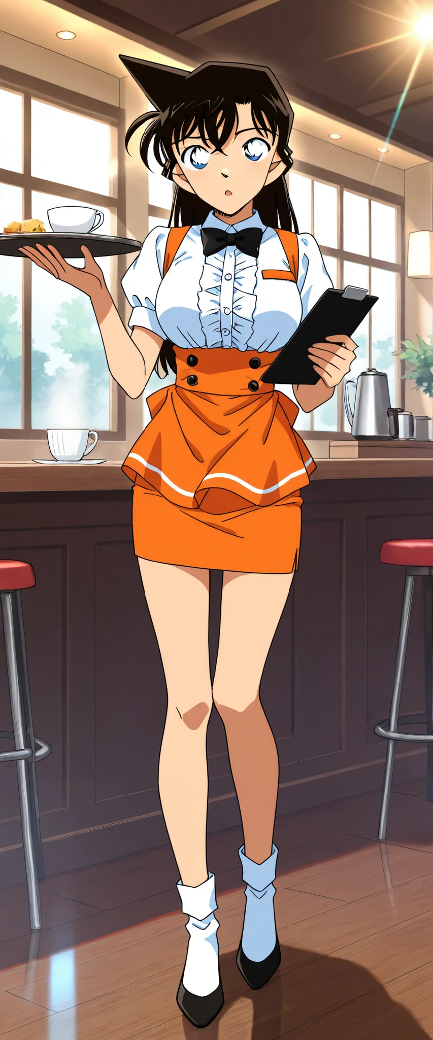 score_9, score_8_up, score_7_up,1girl,solo,mouriranai,mouri ran,meitantei conan,brown hair, blue eyes, long hair, breasts, large breasts, lens flare, medium breasts,BREAK,waitress, orange micro mini pencil skirt,holding trsy,BREAK,standing,from back,full body,indoor,cafe