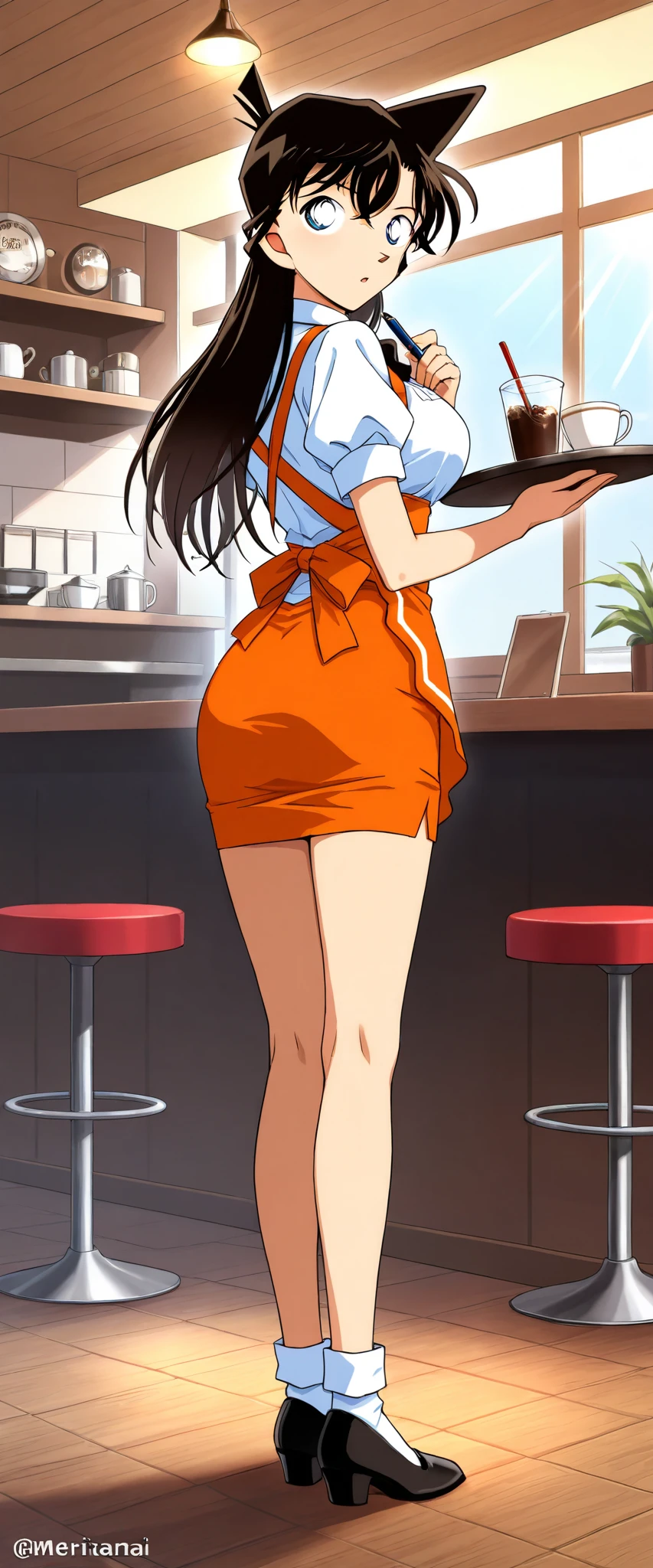 score_9, score_8_up, score_7_up,nsfw,1girl,solo,mouriranai,mouri ran,meitantei conan,brown hair, blue eyes, long hair, breasts, large breasts, lens flare, medium breasts,BREAK,waitress, orange micro mini pencil skirt,holding trsy,BREAK,standing,full body,indoor,cafe,from behind