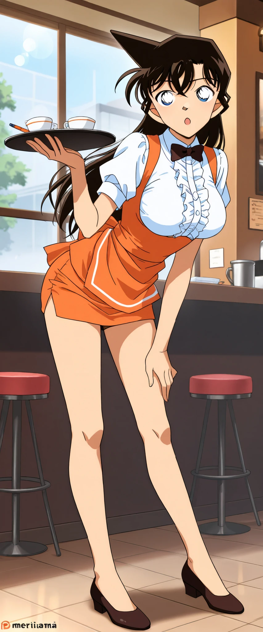 score_9, score_8_up, score_7_up,nsfw,1girl,solo,mouriranai,mouri ran,meitantei conan,brown hair, blue eyes, long hair, breasts, large breasts, lens flare, medium breasts,bottomless,BREAK,waitress, orange micro mini pencil skirt,holding trsy,BREAK,standing,open stance,leaning forward,full body,indoor,cafe,from behind
