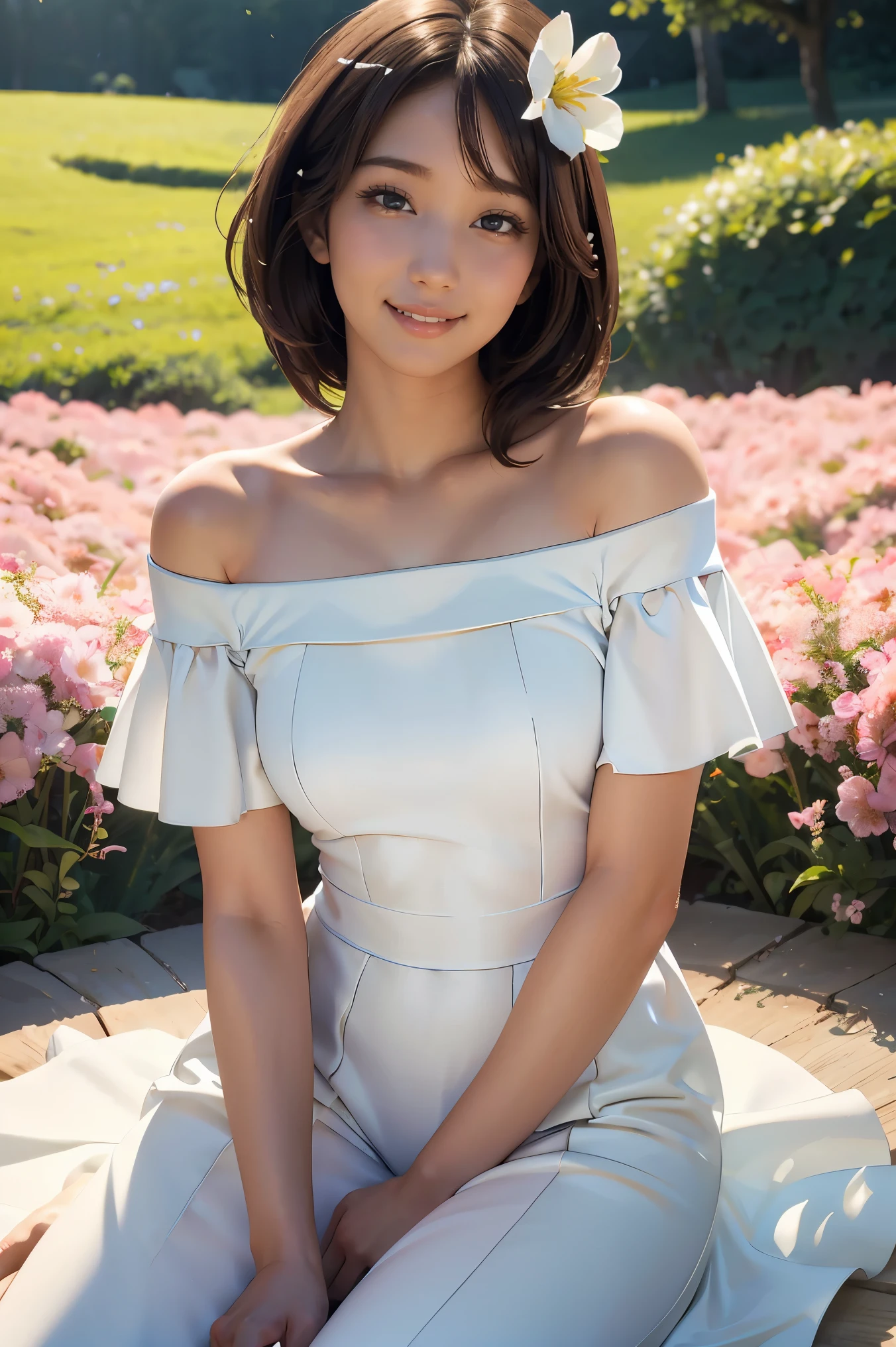 Best quality, masterpiece, ultra high res, (photorealistic:1.4), raw photo, 1girl, white dress, off shoulder, blossom flower field, glowing skin, light smile