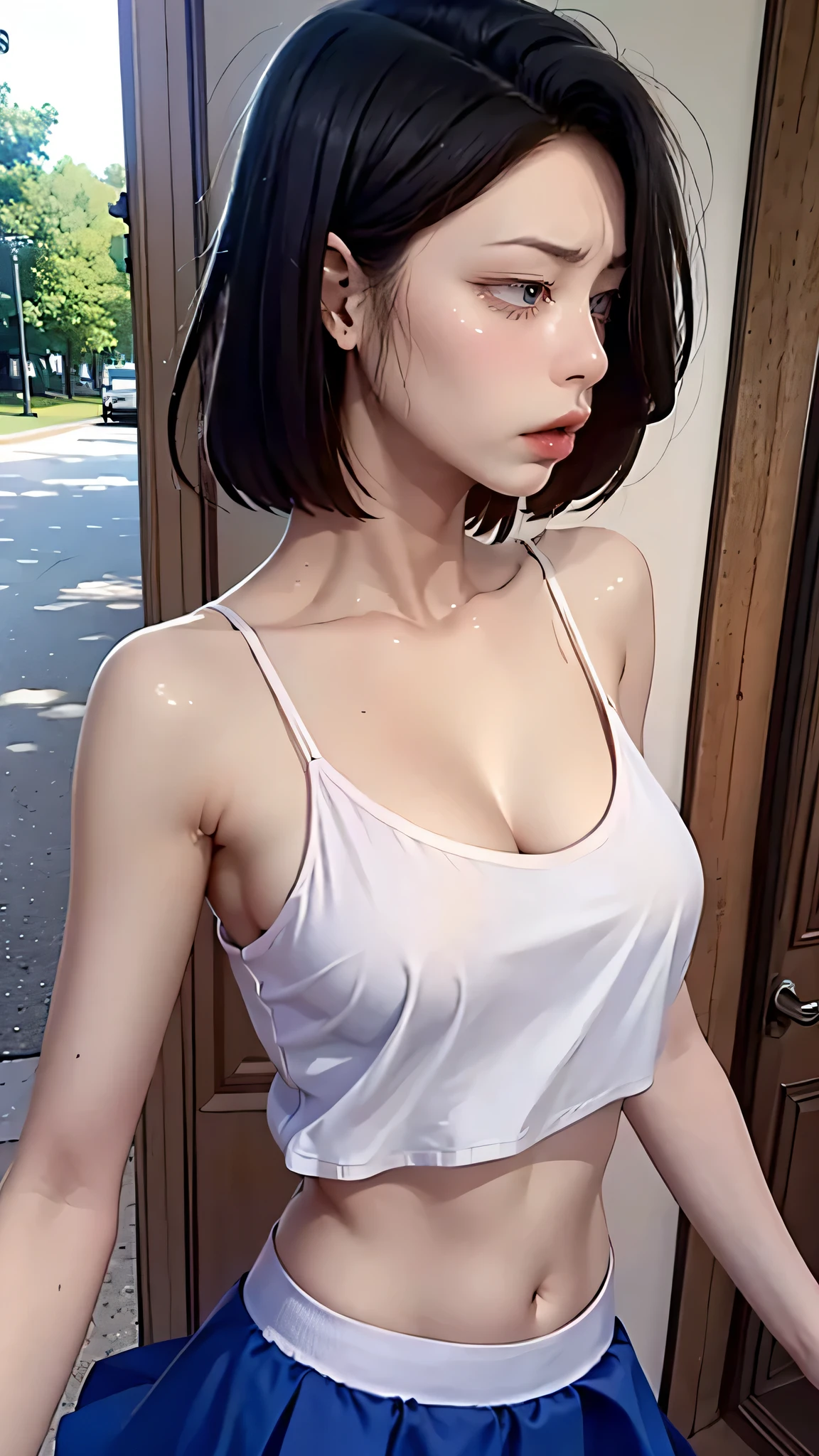 Upper body, soo-ah,((Random Sexy pose)), ((Ultra detailing)), (very aesthetic, best quality, ultra detailed), intricate details, 1girl, short hair, Blue inner hair  , ((Detailed eyes)), ((Beautiful eyes)), ((prefect eyes)), sharp jawline, Medium breasts, Blush, medium breast, Shy, (Camisole, crop top overhang, cleavage, Skirt, Pantyhose),