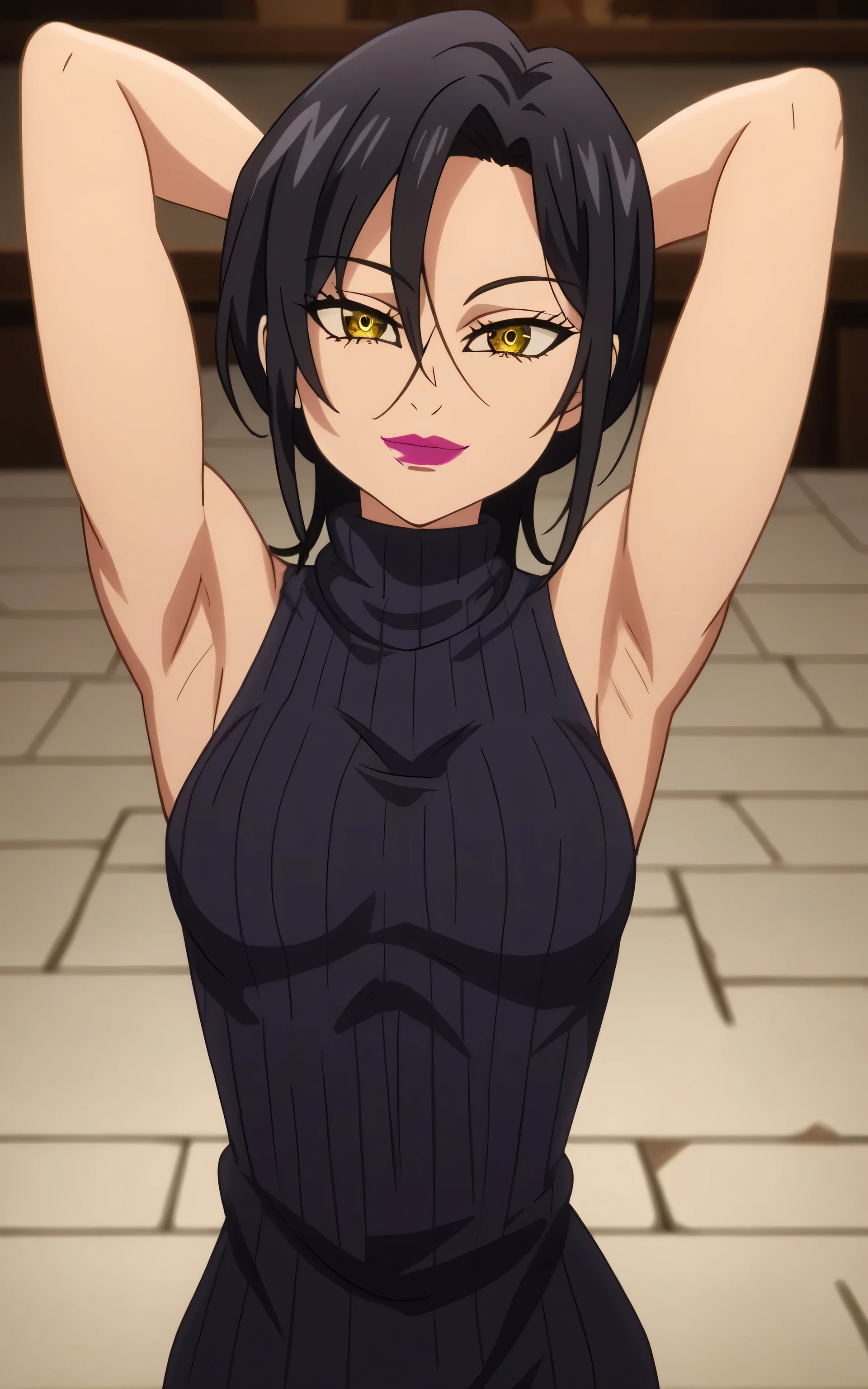 score_9, score_8_up, score_7_up, source_anime, masterpiece, best quality, amazing quality, anime screencap, 1girl, solo, mature woman, merlin-llts, short hair, black hair, yellow eyes, makeup, lipstick, breasts, medium breasts, slim body, black sweater, sleeveless sweater, ribbed sweater, turtleneck, arms behind head, armpits, head towards viewer, looking at viewer, smile, closed mouth, indoors