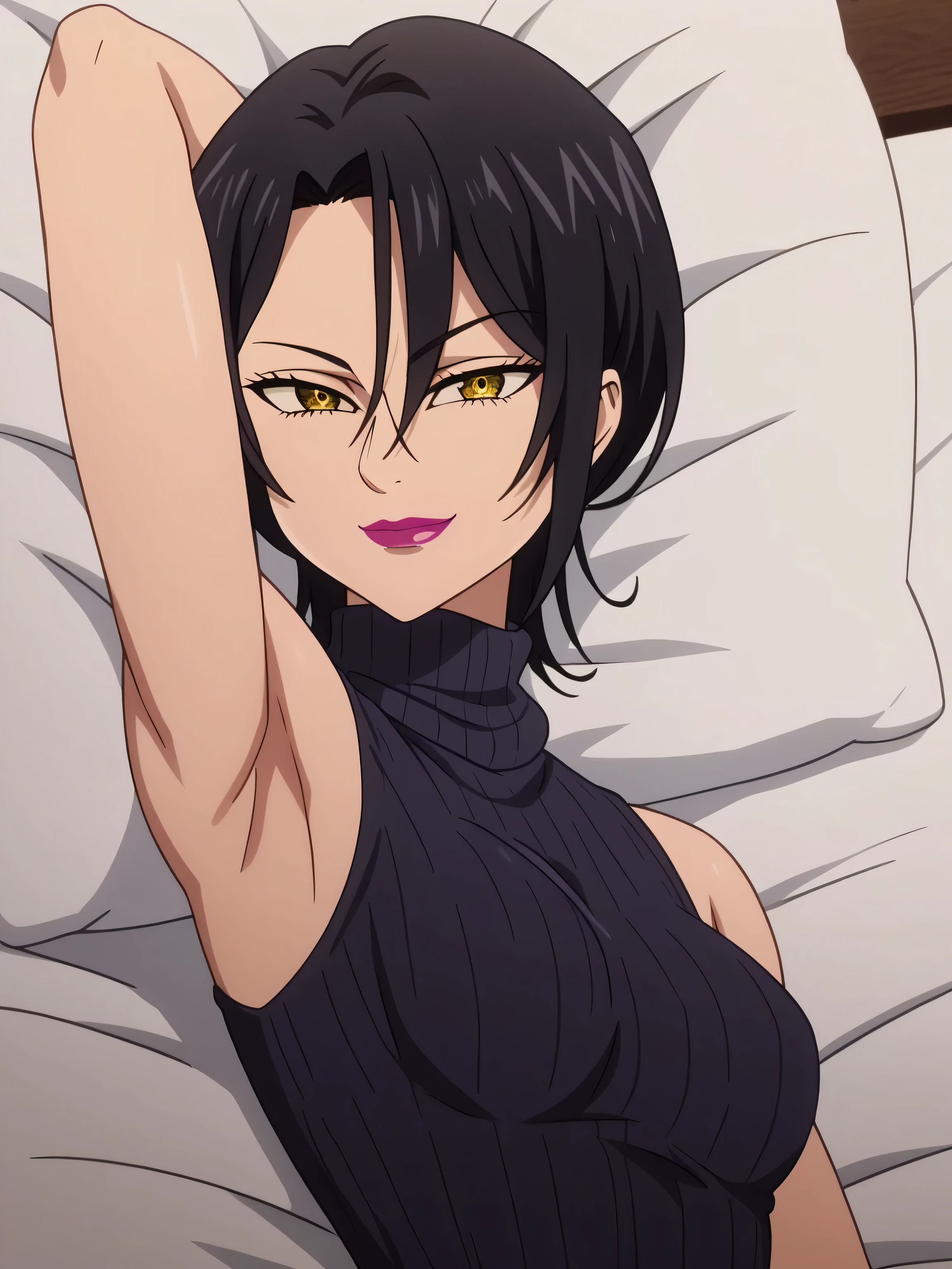 score_9, score_8_up, score_7_up, source_anime, masterpiece, best quality, amazing quality, anime screencap, 1girl, solo, mature woman, merlin-llts, short hair, black hair, yellow eyes, makeup, lipstick, breasts, medium breasts, slim body, black sweater, sleeveless sweater, ribbed sweater, turtleneck, arm behind head, armpit, head towards viewer, looking at viewer, smile, closed mouth, from side, smug, lying in bed