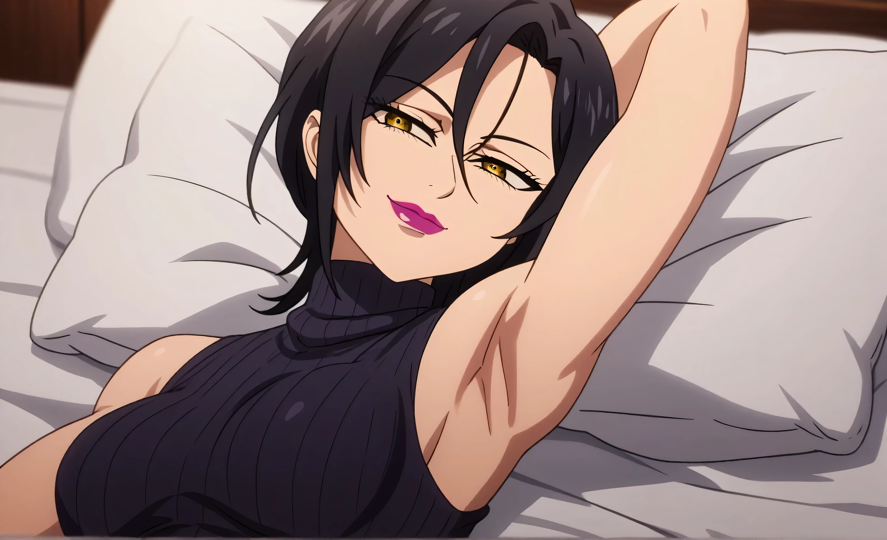 score_9, score_8_up, score_7_up, source_anime, masterpiece, best quality, amazing quality, anime screencap, 1girl, solo, mature woman, merlin-llts, short hair, black hair, yellow eyes, makeup, lipstick, breasts, medium breasts, slim body, black sweater, sleeveless sweater, ribbed sweater, turtleneck, arm behind head, armpit, head towards viewer, looking at viewer, smile, closed mouth, from side, smug, lying in bed