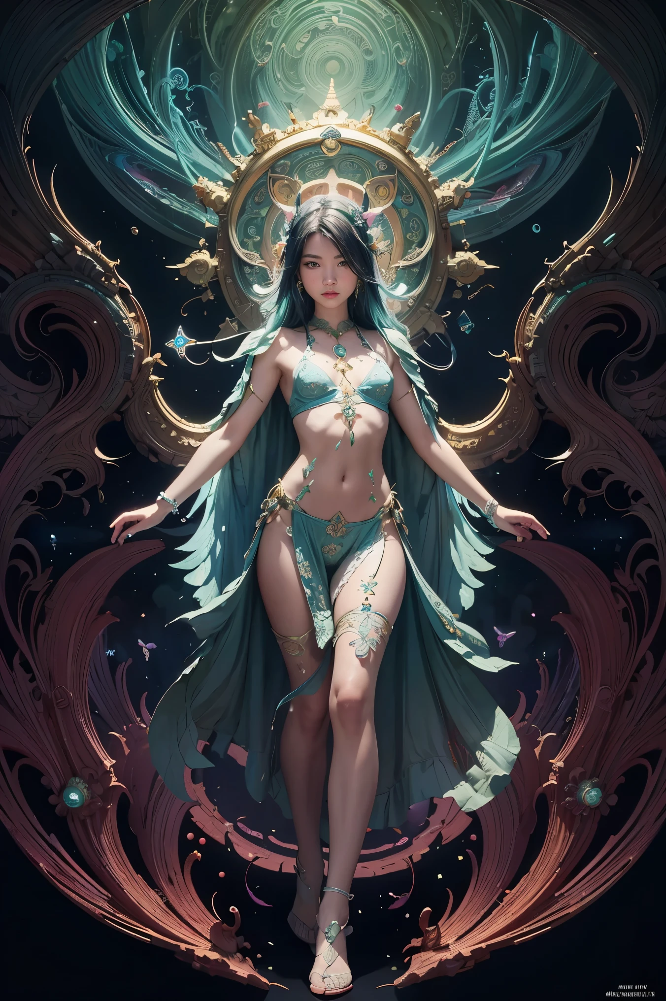 an extremely psychedelic portrait of a healer, surreal, LSD, face, detailed, intricate, elegant, agile, highly detailed, digital painting, art station, concept art, smooth, sharp focus, illustration, 1girl, full body