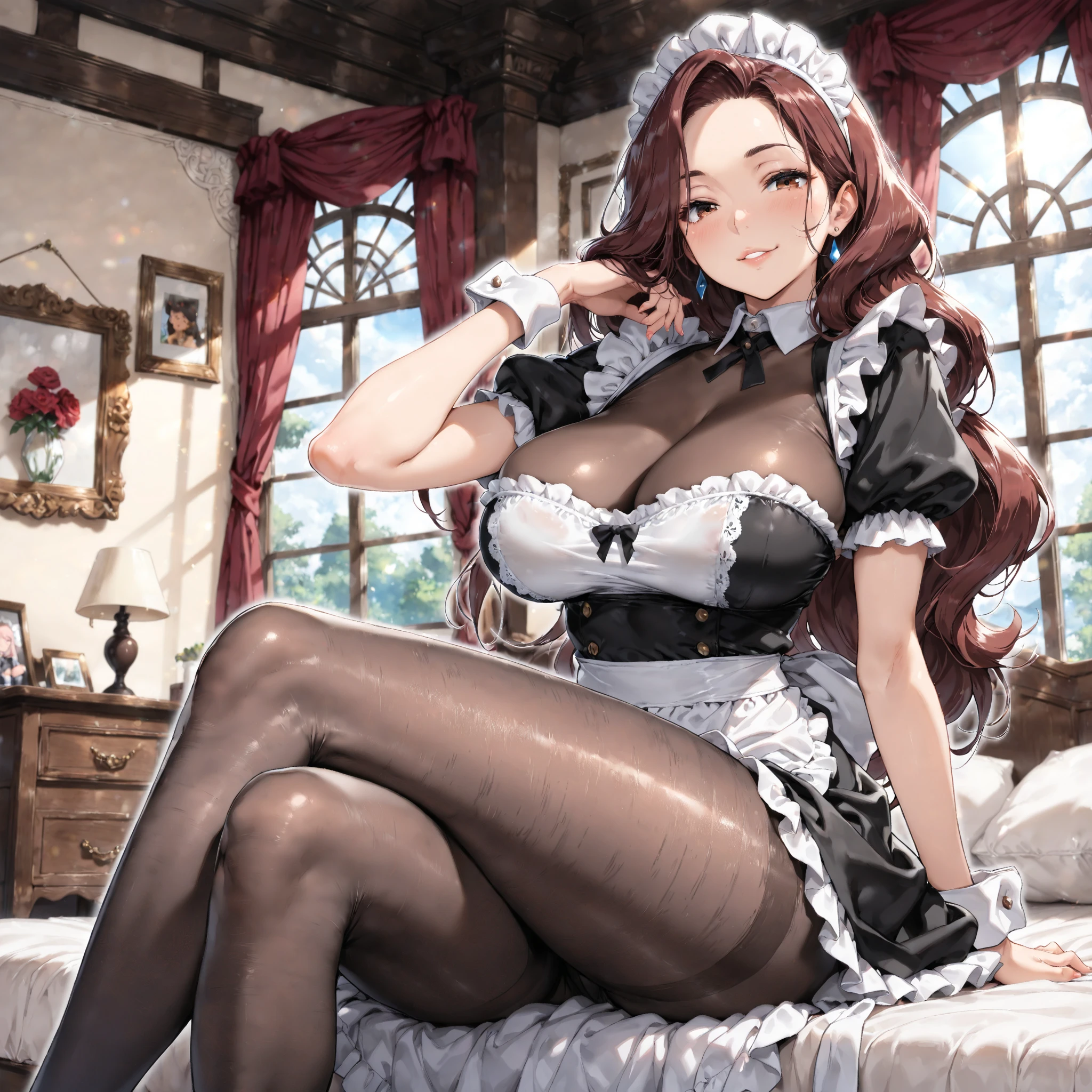 SFW, SLAVE FEMALE, Maid for sale. An African (very black skin) domestic worker for text "US dollar" full body, barefoot, standing straight symmetrical, huge boob(masterpiece, best quality:1.2), smirking smile, red blush, wet body, looking at viewer, hands on hips, twintails, twin drills, dress, blue pantyhose, striped pantyhose, Handcuffs on their hands, With a collar around the neck, slave catgirl ((black choker, shackles on legs and armedroom background (bed, pillow, sheet))
