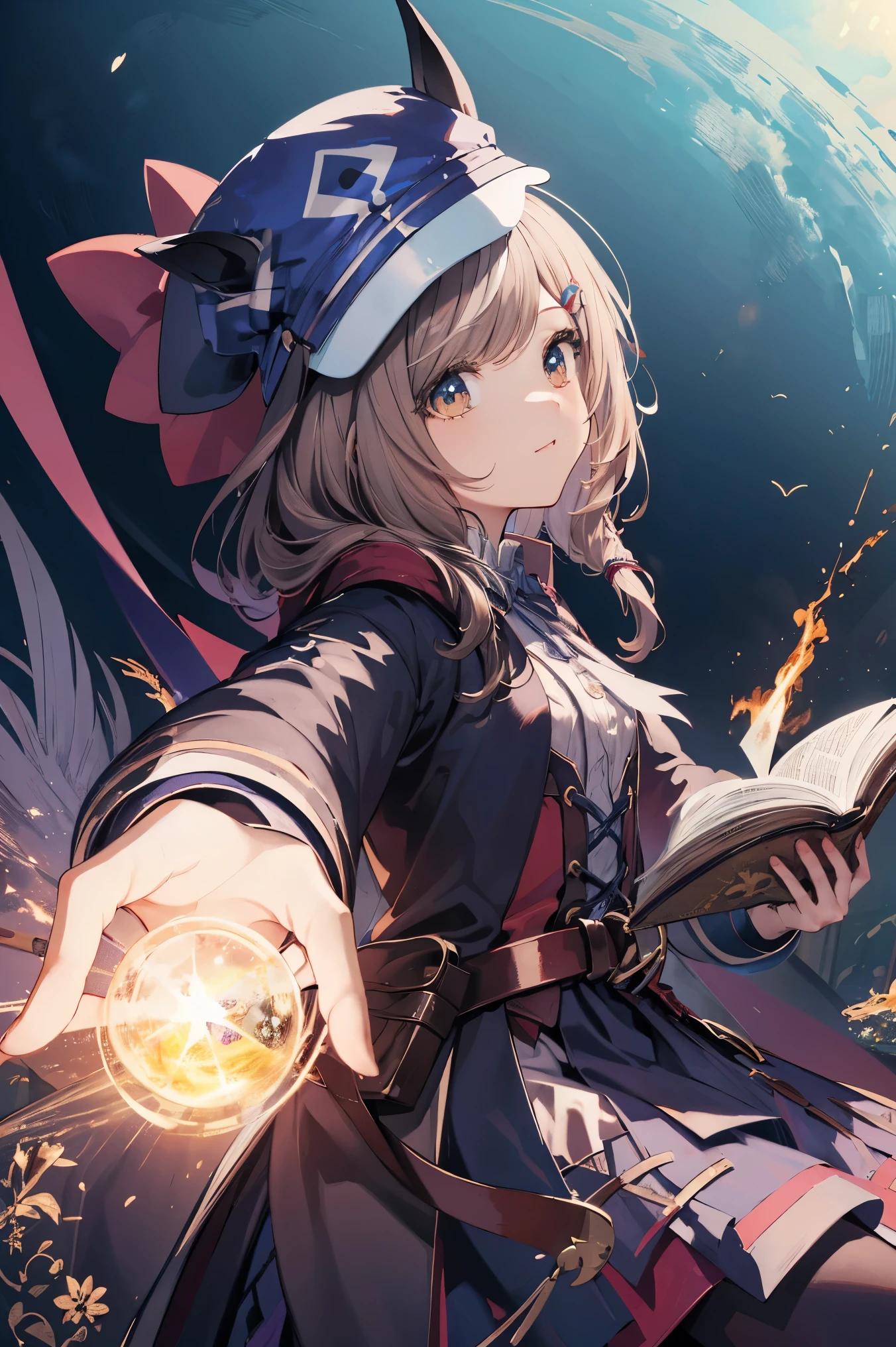 (( Machikanetanheuza)),Cane,(hat),(Mage),I have a spellbook in my hand,(( is casting magic)), masterpiece, top quality, Ultra- detail ed, illustration, 1 girl,li, and laugh, Alone, from below/low angle, horse tail,reaching out,