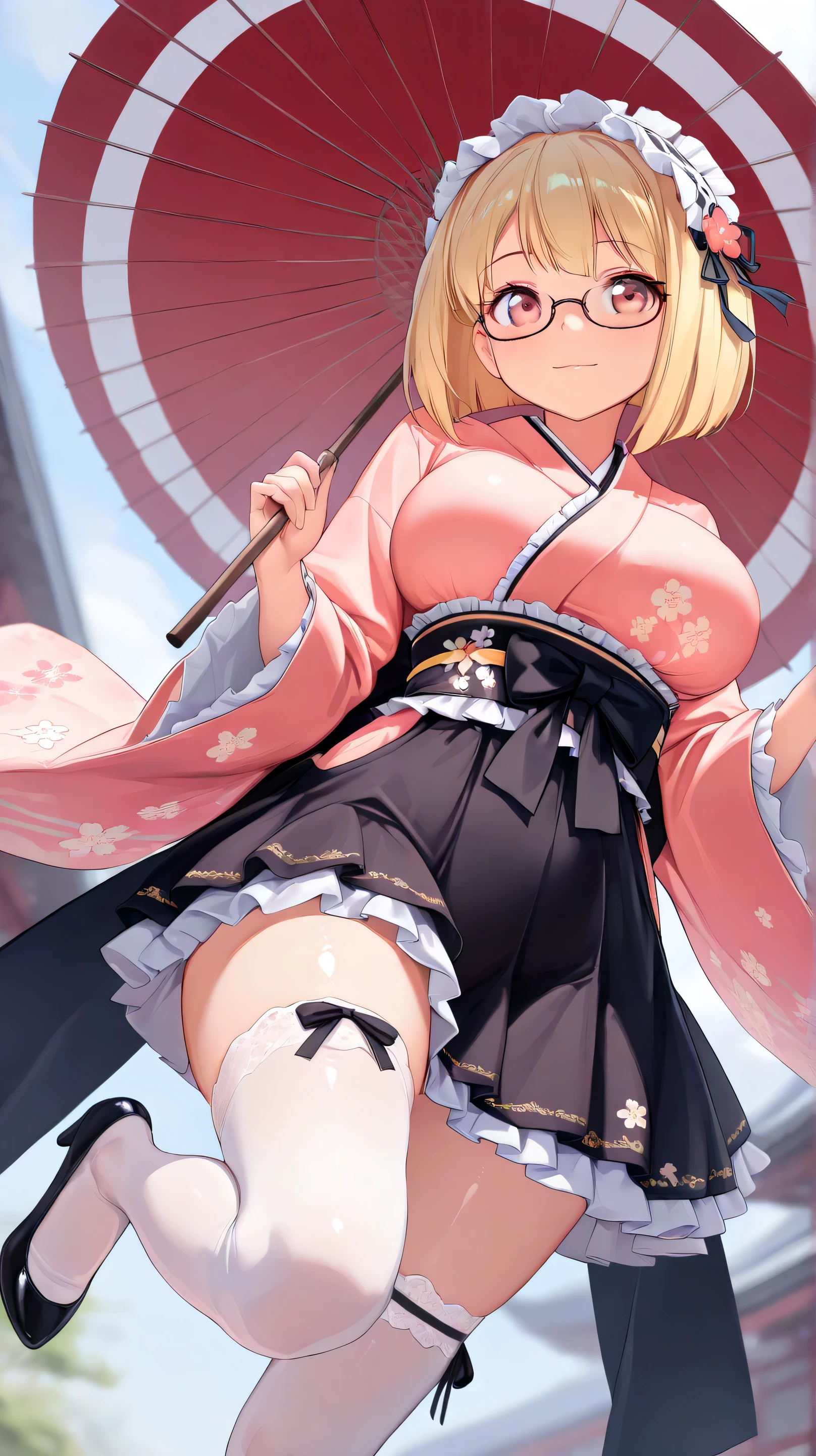 ((correct_anatomy)),((detailed eyes)),((high_quality)), ((Super_Detailed)), ((Best Quality)),((score_9, source_anime)), very aesthetic, absurdres, solo,  1 girl, (blonde bob, garnet eyes, glasses), large breasts:1.3, light smile, [kimono clothes,ta fashion],wide sleeves,floral print,skirt,ribbons,frills,laces,lolieaddress,kimono ornament,thighhighs,pumps, holding Japanese umbrella, (fix umbrella), (dynamic angle),(depth of field),(HDR,UHD),(HDR,UHD,8K, best quality ,masterpiece), Shiny skin,(HDR,UHD, 4k, 8K, best quality ,masterpiece), 