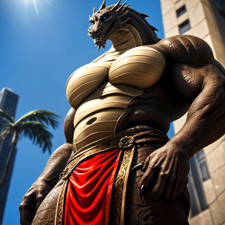 shendu, eastern dragon king, male dragon, eastern dragon,hefty body,  with very big muscles, hulking, huge, colossal body,  extremely strong, big abdominal muscles, hefty musclegut, pecs, Strong and robust musclegut , prominent muscle abs, sharp claws, legs,  feet, full body, loincloth,  nipples, sunlight, daylight, outdoor, bright , at noon,  good weather,  4k, best quality, dragon eyes, dragon tail.