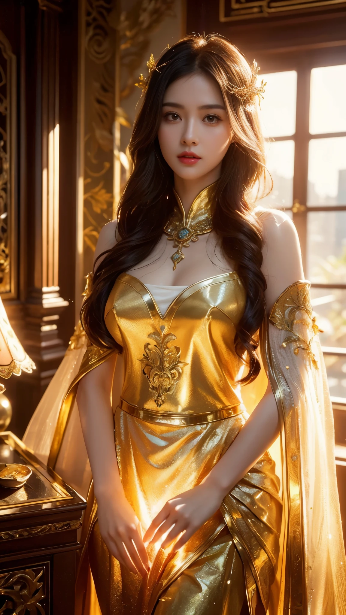 1girl, masterpiece, highly detailed CG Unity 8K wallpaper, highest quality, lifelike, RAW photos, stunning, detailed, award-winning photos, cinematic lighting, (gravure photography), (long shot), balanced body, (full body), delicate hands, (small face, slim, petite, slender body), (big), (side breasts), (side breasts), (breasts), (huge breasts), ( Arm Out Exposure) (Thigh Exposed) (Cleavage) (Guanyin Bodhisattva Cosplay) (Guanyin Bodhisattva), (Buddha Statue), (14 years old, Beautiful Girl,) Solo, (Golden See-Through Leotard), (Golden Mesh Stockings), (Golden Garter Stockings), (Golden Transparent Fluttering Robe), (Wall with Golden Pattern) (Golden Decorated Wall), (Golden Ancient Temple), (Full Body, standing), (full body from the front), (anatomically perfect arms, hands, body), (control net hands accurately), (beautiful girl prays), (background blurred all), (very small crown), (full body, standing), (thin waist, large breasts), background blurred