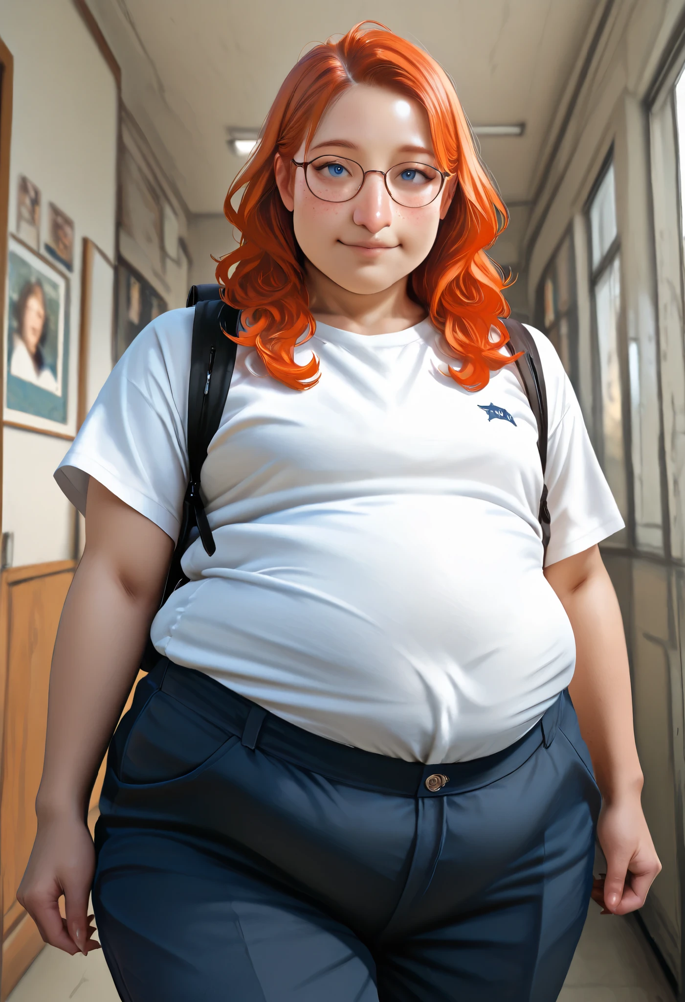 a young cute nerdy redhead bbw student with glasses, long wavy ginger hair, soft fat belly, wide fat obese hips, thick fat legs and fat arms, cute pretty face, small breasts, blue eyes, freckles, wearing a long shirt tucked in simple trousers, backpack, in a school hall, POV, best quality,4k,8k,highres,masterpiece:1.2,ultra-detailed,realistic,photorealistic,photo-realistic:1.37,HDR,UHD,studio lighting,ultra-fine painting,sharp focus,physically-based rendering,extreme detail description,professional,vivid colors,bokeh,portrait , (aquiline nose)