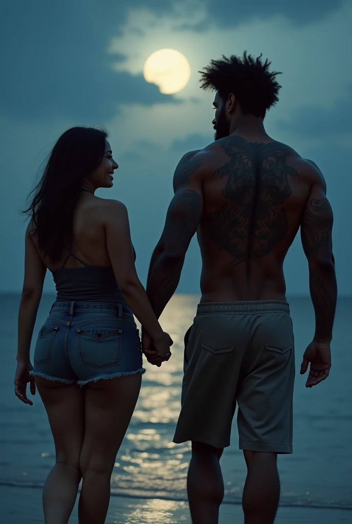 generates an action scene where a couple of lovers (a handsome afroamerican man with short haircute and a beauty Latin woman with dark chocolate skin and a nice body with curves, round breasts and firm, wide and generous hips, a black dress with a low neckline) meet in a boardwalk facing the sea, warm colors, be creative and achieve a book cover image.

