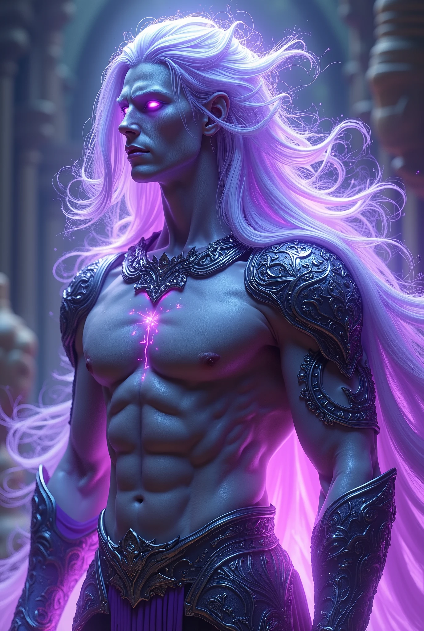 a young man in his twenties, he is from  fantasy world, he is king of life , he is tall and skinny but very athletic, he has long  ametis hair and deep white eyes, he’s race is white, he is handsome, very beautiful, , breathtaking beautiful he is real king amazing and brave, strong masculine man, angel beauty