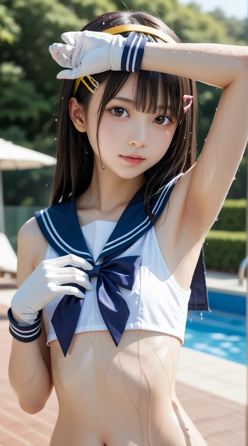 smile、((Browsing Caution))、((Camel Toe))、((Female organ:1.1))、(Highest quality、4K、8K、High resolution、masterpiece: 1.2)、Very detailed、Beautiful Japanese Girl、1 person、 (16 years old)、alone、(from the front:1.4)、(reach sexual ecstasy:1.6) 、 (Her naked lower body is exposed, Giving us a glimpse of her crotch.:1.5)、(Short-sleeved sailor uniform) 、Crotch crack、Beautiful ass、 Twin tails、Outdoor by the pool