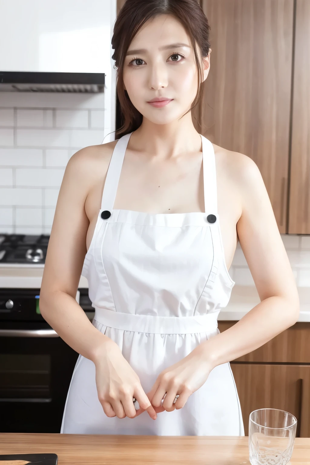 ( top quality、 table top、8k、 Max Image Quality、 Award-winning work )、1. mature woman、(The perfect apron:1.1)、Portrait photo of a perfect beauty 、 growing skin、( accentuates your body line:1.1)、She is standing gracefully、( Face Up :1.4)、A woman is watching me、(simple blurry kitchen background:1.1)