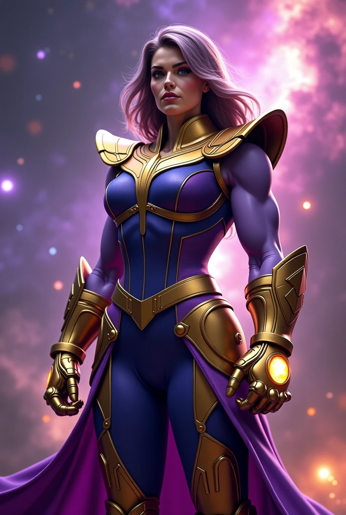 A lady，Wearing Saint Seiya Aries Gold Cloth，Purple头发，A pair of antelope horns grow from the back of the neck and curve toward the chest.，Golden Breastplate，Golden Armguard，Gold belt，Purple，Golden Leggings，A red cape hangs behind，Clear and delicate facial features，Background walking on a path in a park，Color Contact Lenses, longeyelashes, cinematic lighting, best quality, masterpiece，（（modern style）），