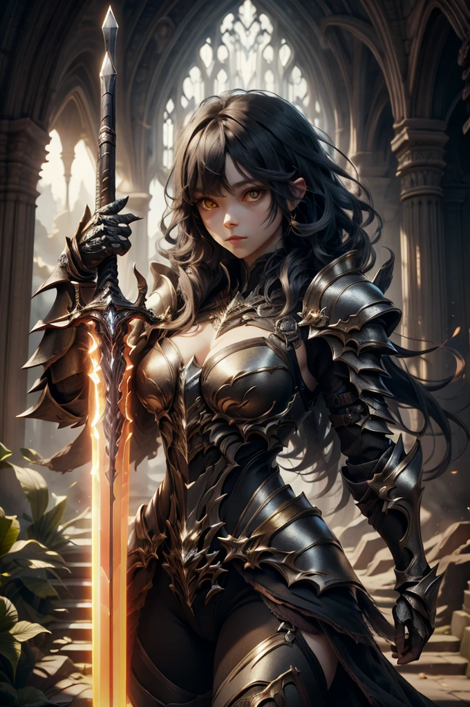 (((masterpiece, best quality, high detailed, 8k))) Design a layout showcase Gaming character, (1girl). Black dragon armor, extremely detailed, stylish and unique. ((showcase weapon:1.4)), shield and sword, with a black fire aura. (masterpiece:1.2), (best quality), 4k, ultra-detailed. (Step by step design, layout art:1.5), (luminous lighting, atmospheric lighting). dragon warrior, ((glove full hands)), (((revealing clothes:1.3))), vambraces, armored legwear, (((full_body_shot:1.4))). {In a fiery battlefield}