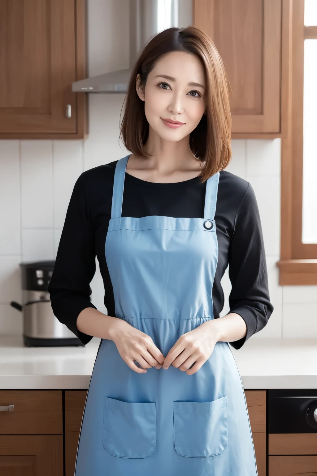(((nsfw)))、close range、Beautiful woman、cute、((Female Nursery Teacher))、smile、Extra Long Hair、((Delicate photo))，(Detailed RAW photos of girls), (Tabletop:1.0), (Highest quality:1.6), (Ultra-high resolution:1.5), (Realistic:1.75), 8K resolution, Absurd, Ultra-detailed,Cinema Lighting,、nursery school、((Wearing an apron))、(Hairstyle with bangs)、Long sleeve T-shirt、((Colorful kids room:1.1))、((Lots of toys:1.))、((cute壁紙の部屋))、((Simple panties are visible:1.2))