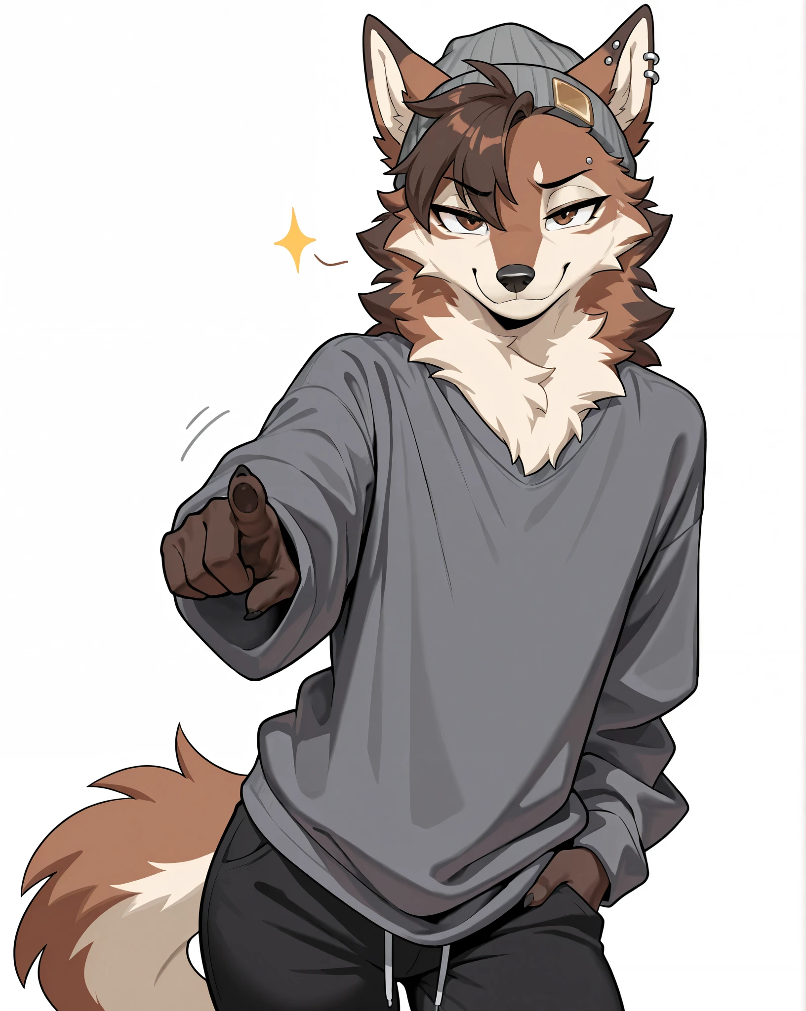 Masterpiece, best quality, absurd res, anthro, an anthro furry male wolf, brown fur, countershading, brown eyes, black nose, ear piercings, neck tufts, wearing grey beanie, dark grey long sleeve shirt, black pants, pointing at viewer, smug expression, front view, white background 