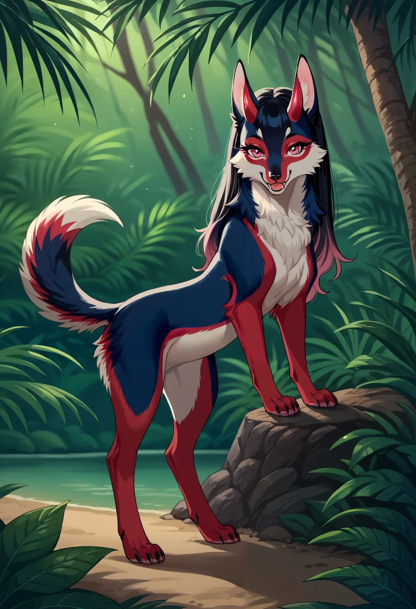 score_9, score_8_up, score_7_up, score_6_up, score_5_up, score_4_up, show accurate, (((full body))), hungry body, nacked, (solo), (semi anthro wolf), female body, ((standing)), dark pink eyes, ((dark blue fur)), (ultrafine fur), (neck covered by black color mane), (little white oni horns with pink), (white chest), (long straight hair), (black hair), white snout, final part of hot pink hair, wolf tail, bent over, bent over with her ass to the viewer, jungle, sunny forest, detailed background