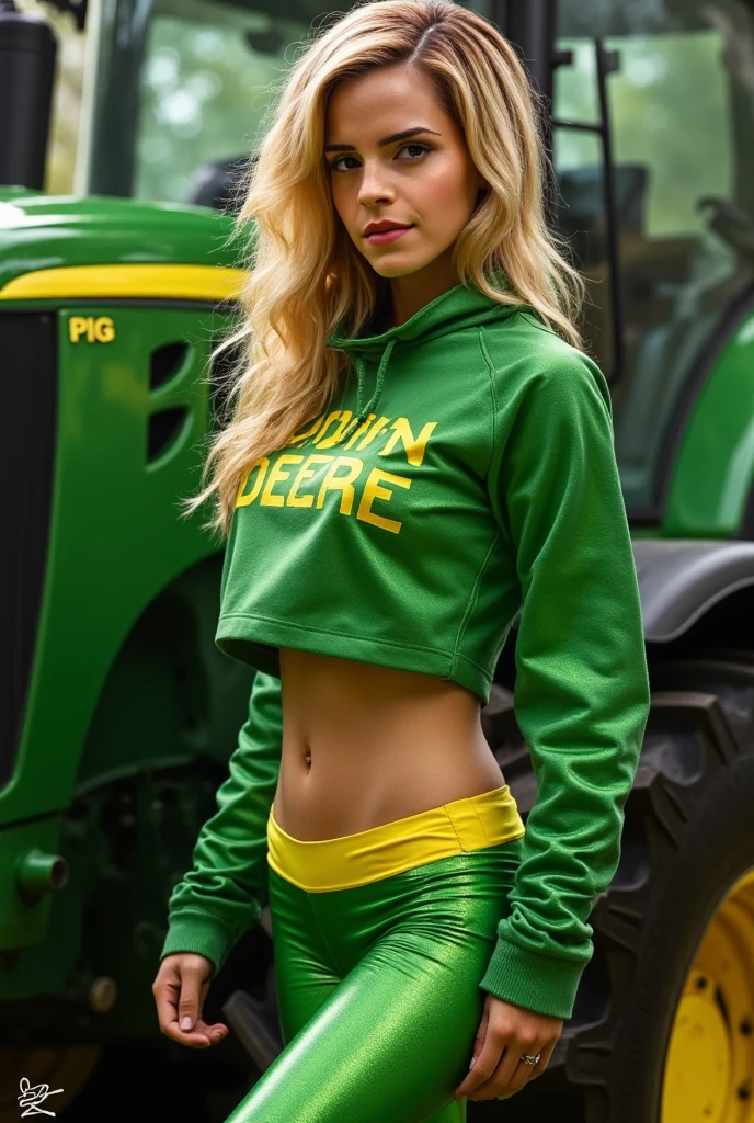 A realistic fair girl with blue eyes and ginger long hair wearing a green croptop and white cargo pant