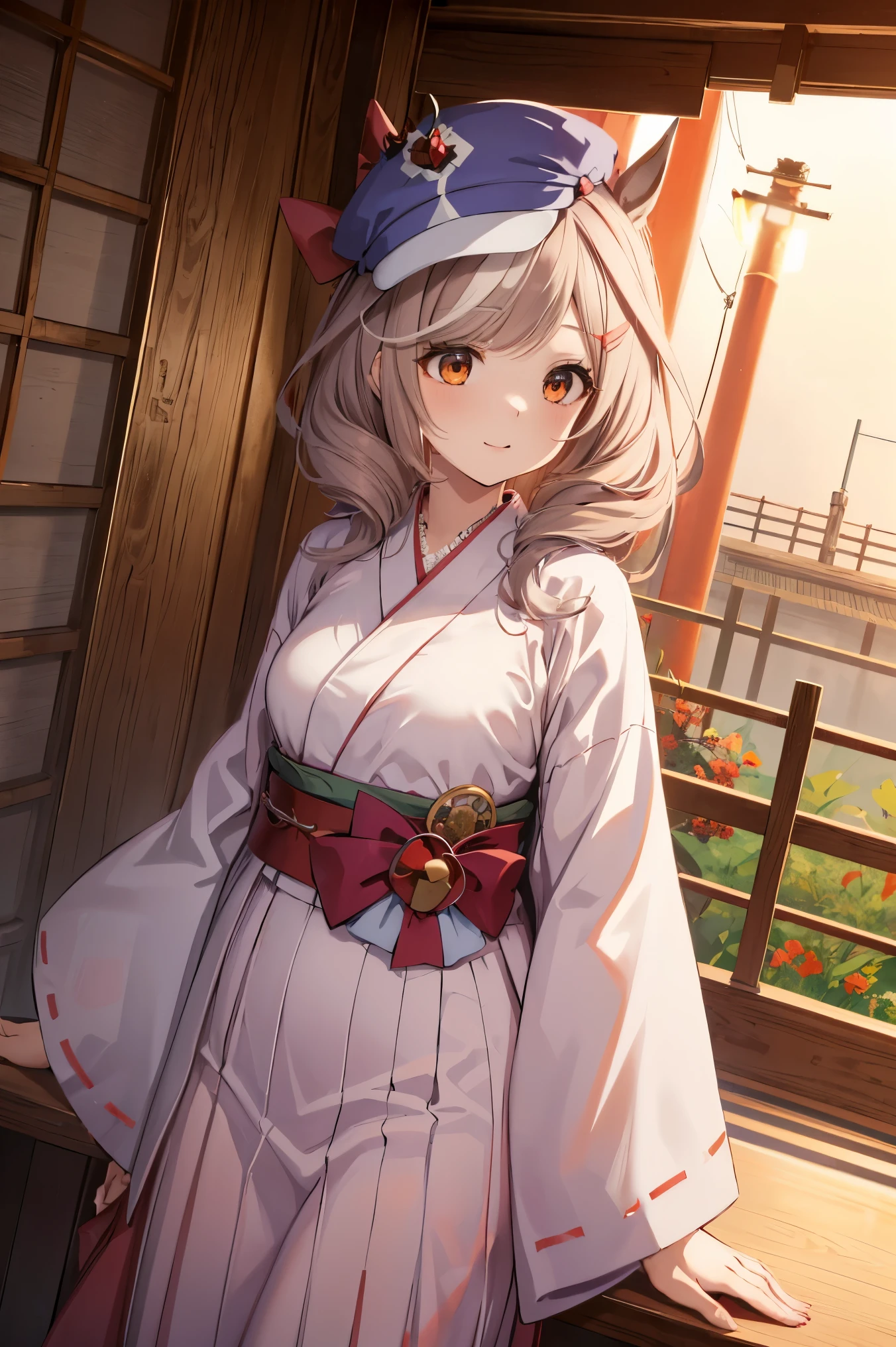 (( Machikanetanheuza)),shrine maiden, White Yukata,red hakama,(hat), masterpiece,  top quality,  Ultra- detail ed, illustration,  1 girl,li, and laugh, Alone, from below/low angle, horse tail,reaching out,