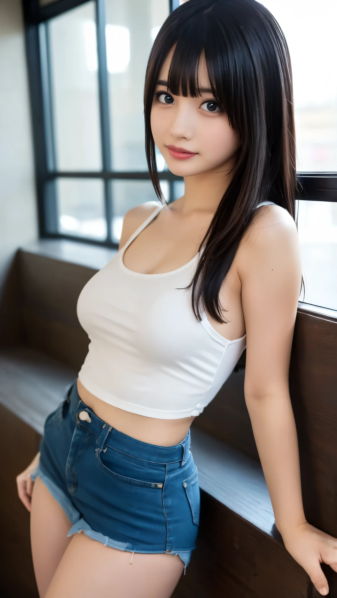 (( masterpiece, top quality, high res)), Japanese high school girl、( by Nomi: 1.4), (( excited、Beautiful girl with a strong sexual desire)), great face, sharp mouth、With a pout、Glossy wet lips、Age 15, ponytail、( beautiful hair:1.5), Beautiful breasts、(( Sexy Tank Top))、((( very short miniskirt))), beautiful body、(Beautiful butt ), ( detailed legs:1.2, Beautiful Thighs、 beautiful legs), bustling downtown 、 angle from the front、 smooth, High-definition CG synthesis 8k wallpaper, high resのRAWカラー写真, photo shoot by a pro, light, Backlight, Impressive, Depth of Written Boundary, ( detailed hands:1.3, perfect right hand:1.2)、( PERFECTIVE ANATOMY:1.2)