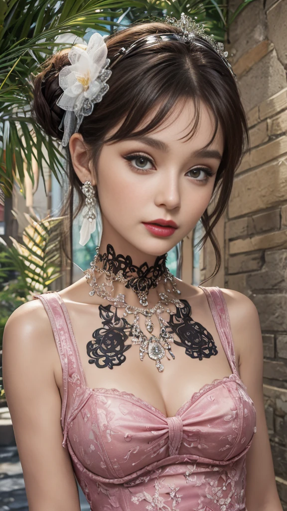 (masterpiece, top quality, 8k, best quality, official art, beautiful and aesthetic:1.2), very detailed,(fancy:1.2), (various flowers:1.5), (numerous flowers 1.5), Symmetry, (abstract background:1.3), (glowing skin), (various colors:1.4), (many vines:1.2), (leaf: 1.2), Upper body emphasis, (Pink silk chiffon dress: 1.3), (medium chest), new age style, short hair perm, smile, dickey, fruit, garden