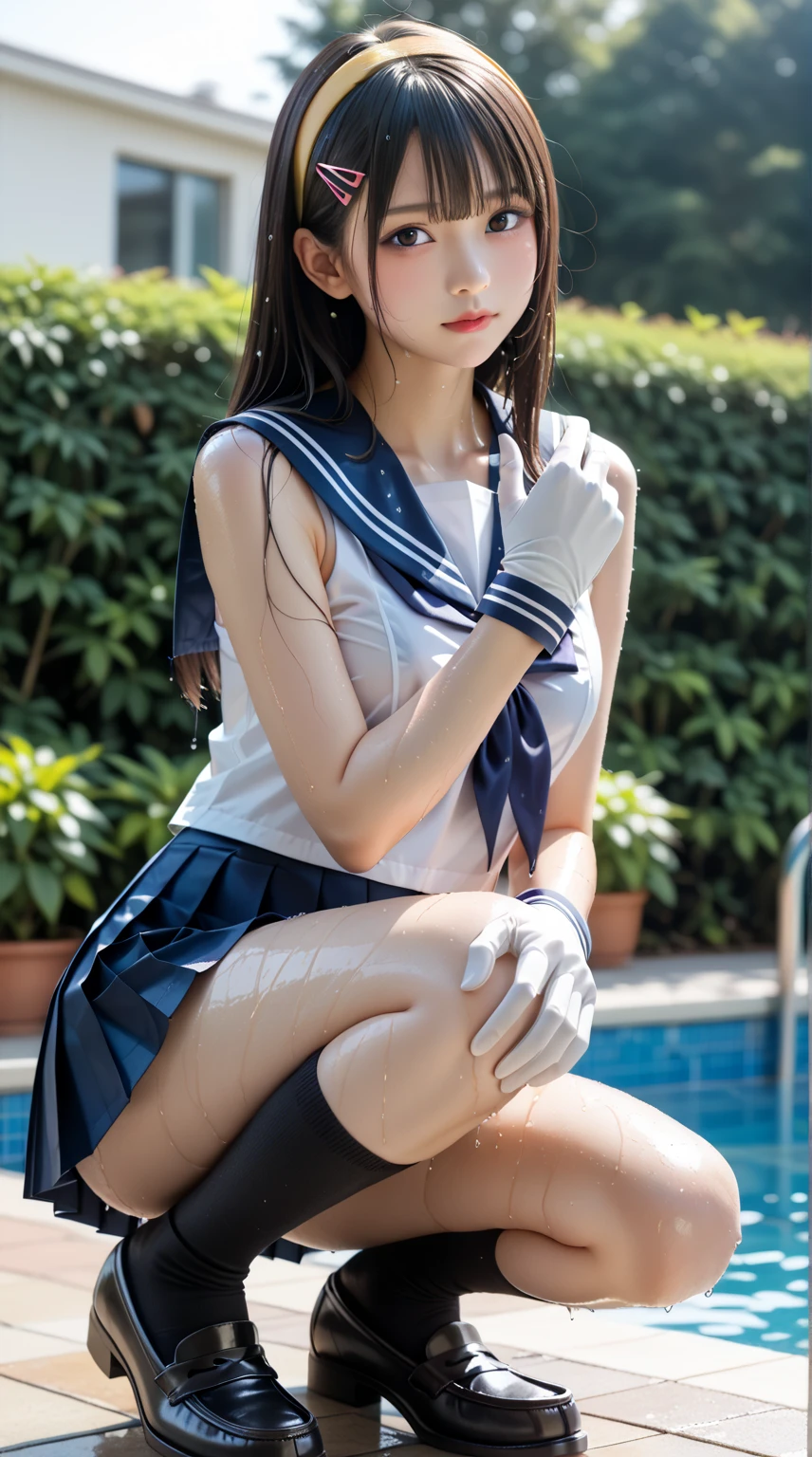 Sailor Marsの自慰, masterpiece, highest quality, High resolution, 1 Japan girls, (11 year old girl, realistic, young girl, too cute girl, Too beautiful small face:1.2), Sailor Mars:1.3, sailor warrior thin costume:1.2, tiara, small breasts, (Battle uniform for sailor warriors:1.4), white gloves, Red sailor collar, Sailor leotard too close to the skin, slender body shape, star choker, elbow bag, i don't'I'm not wearing anything on my lower body., barefoot, purple ribbon, (Too thin clothes, Embarrassed and excited expression, thin eyebrows, half-open lips, 11 year old girl:1.2), Kneel and open leg pose, Extremely erotic cute girl, bound wrists, Detailed crotch bulge, beautiful thighs, Erotic cute little face, not wearing underwear, realistic pictures, wet body, My whole body is wet with sweat, sexy look, erotic 11 year old, Sensitive nipples, Girl masturbating, Day Park,