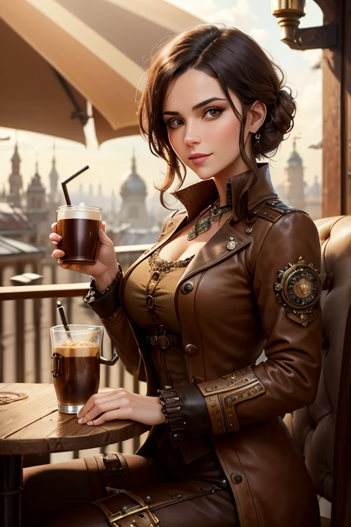 Beautiful women (Amber Fernandez), (((super barista))), steampunk, Leather apron, Thigh-high Boots, steamy, , naughty, pretty face, high ponytail, masterpiece, sultry, hourglass figure, highly detailed, 8k, dynamic lighting, trending on artstation, award-winning , photorealistic oil painting, by charlie bowater, fine details, by wlop, trending on artstation, very detailed