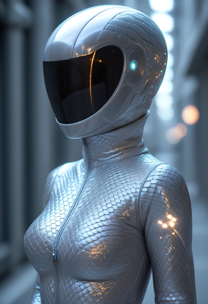 greysnake,futuristic metallic suit, blurred background, high collar, intricate patterns, sleek helmet, long sleeves, textured scale pattern, glowing blue lines, high-tech setting, front zipper