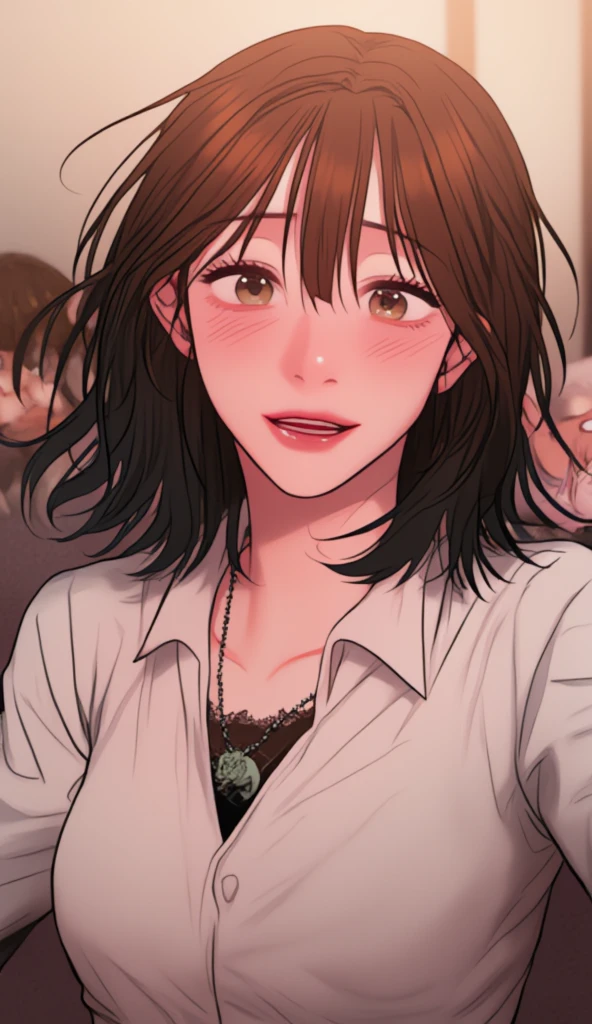 masterpiece, best quality, 1girl, idcsmiu, black shirt, straight-on , fellatio gesture, fingers around tongue, open mouth, tongue out, smile, jewelry, necklace, (nightclub:1.2),