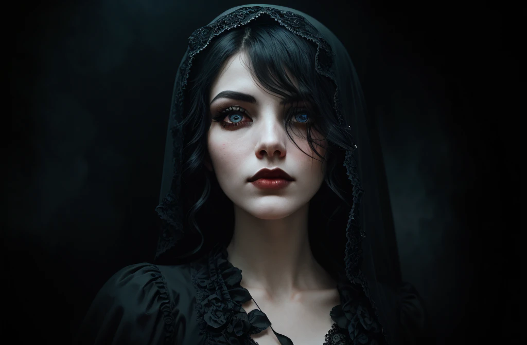 A captivating, enchantingly sinister witch with flowing black hair and piercing red eyes stands cloaked in a revolving black silk dress, conjuring something malevolent under the cover of darkness. This striking image could be a stunningly detailed painting, capturing the witch's intense gaze and flowing dress. Every intricate detail is flawlessly depicted, from the flickers of magic to the shadowy depths of her eyes. The overall effect is a mesmerizing blend of darkness and mystique, inviting viewers to ponder the witch's mysterious intentions.