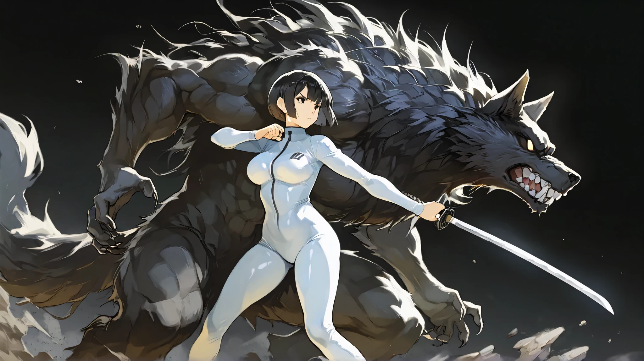 a mature 30 year old girl wearing a simple white fullbody spandex jumpsuit with black details with short bob cut black hair and black eyes holding a katana in a serious determined expression while standing next to a large intimidating black werewolf in the distance, black background, epic anime style, high detail, high quality, best quality, masterpiece, 8k